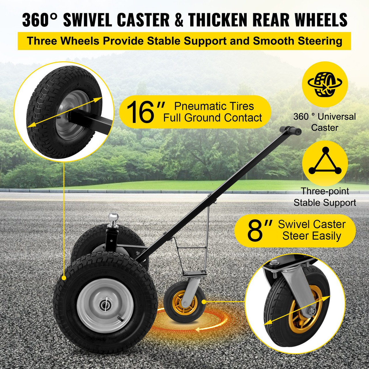 Adjustable Trailer Dolly, 1000 Lbs Capacity Trailer Mover Dolly, 15.7" to 23.6" Adjustable Height, Manual Trailer Mover with 16" Wheels, Heavy-Duty Tow Dolly for Car, RV, Boat