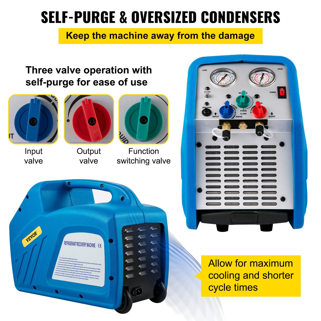 Refrigerant Recovery Machine, 115V 60Hz Portable Freon Recycle Unit for Automotive A/C Systems, 1HP Dual Cylinder for Both Liquid and Vapor Refrigerant, Air Condition Blue