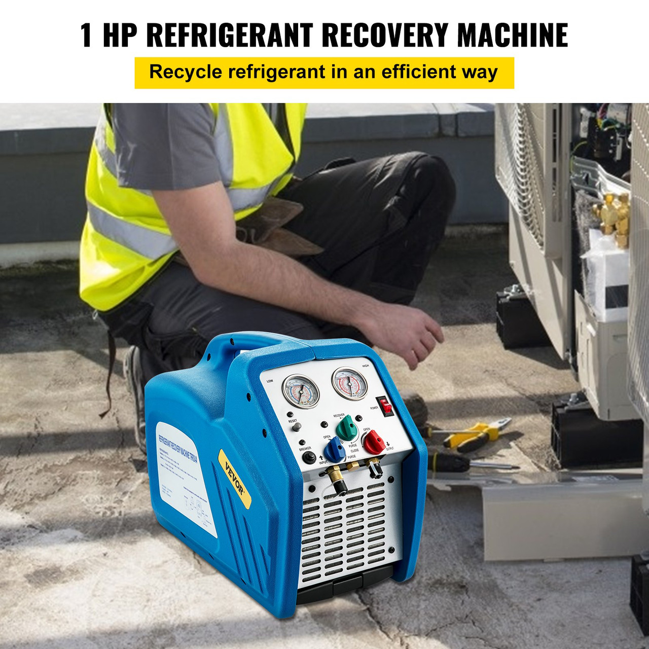 Refrigerant Recovery Machine, 115V 60Hz Portable Freon Recycle Unit for Automotive A/C Systems, 1HP Dual Cylinder for Both Liquid and Vapor Refrigerant, Air Condition Blue