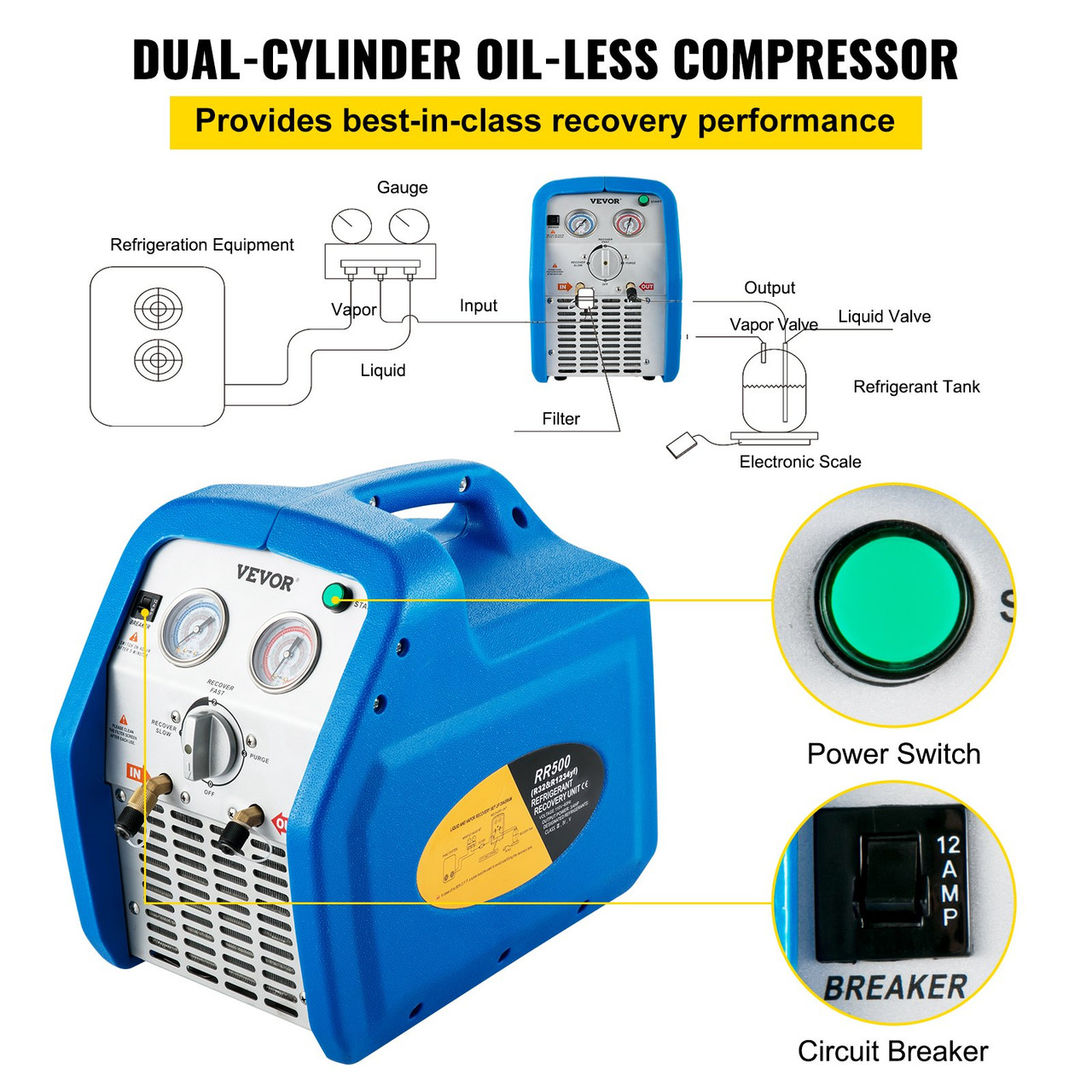 Portable Refrigerant Recovery Machine 3/4 HP Dual Cylinder Air Condition