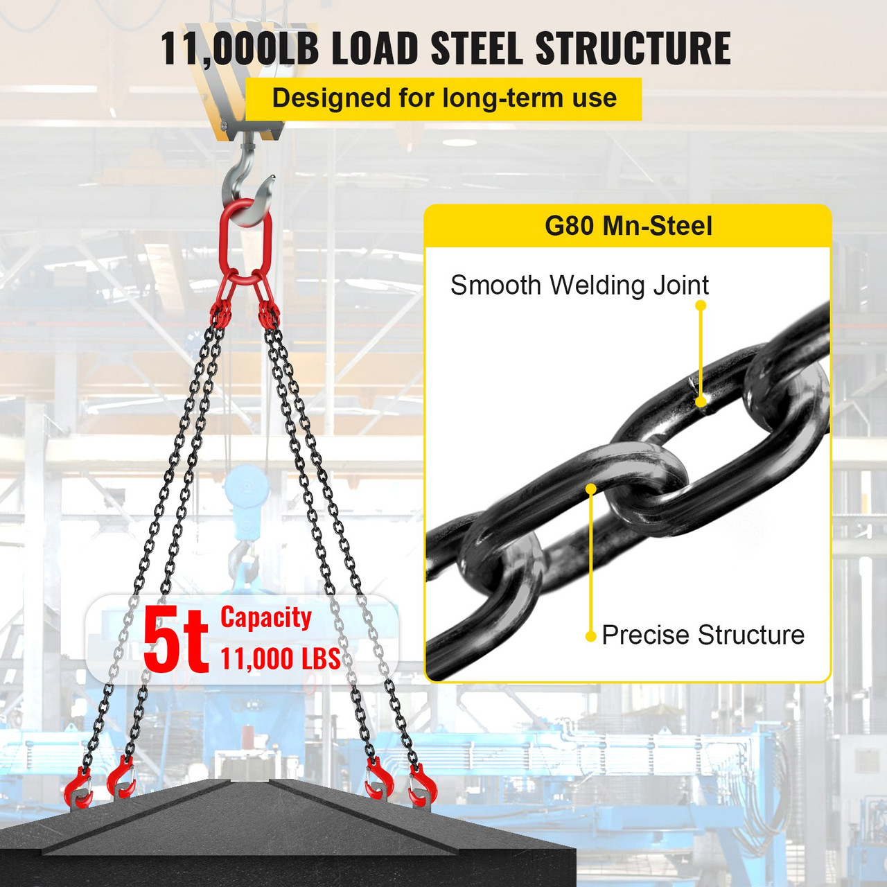 Chain Sling 5' 4 Legs with Sling Hooks Grade 80 Lifting Chain Sling