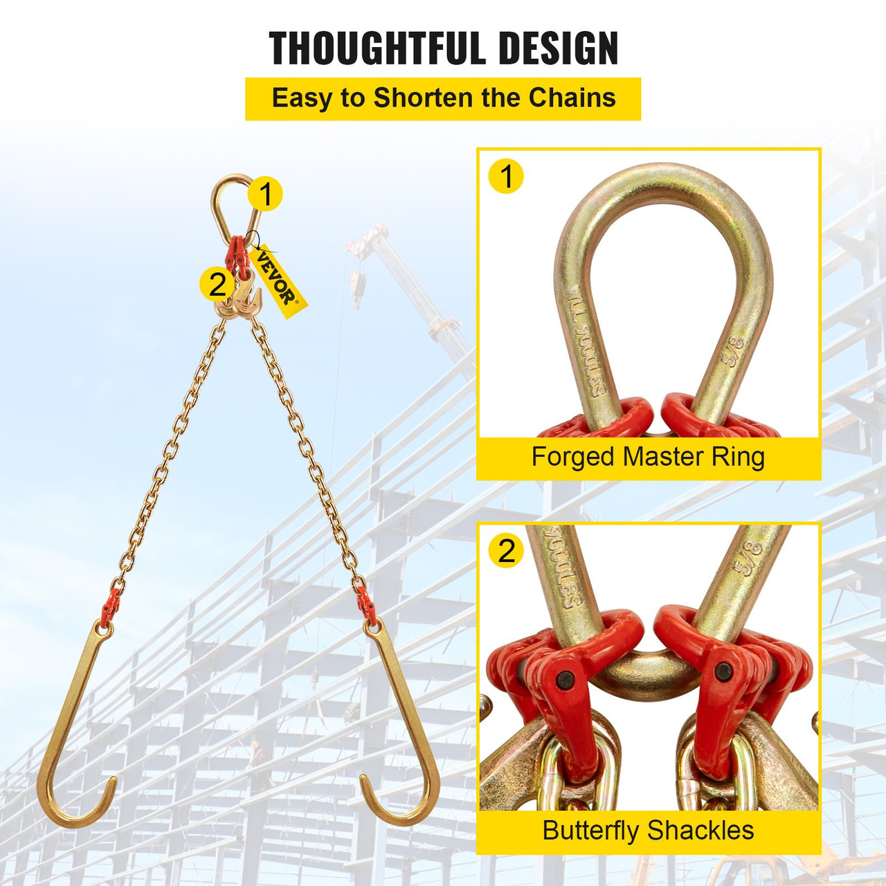 V Bridle Chain, 5/16 in x 2 ft Tow Chain Bridle, Grade 80 V-Bridle Transport Chain, 9260 Lbs Break Strength with j Hooks & Grab Hooks, Heavy Duty Pear Link Connector and Chain Shorteners