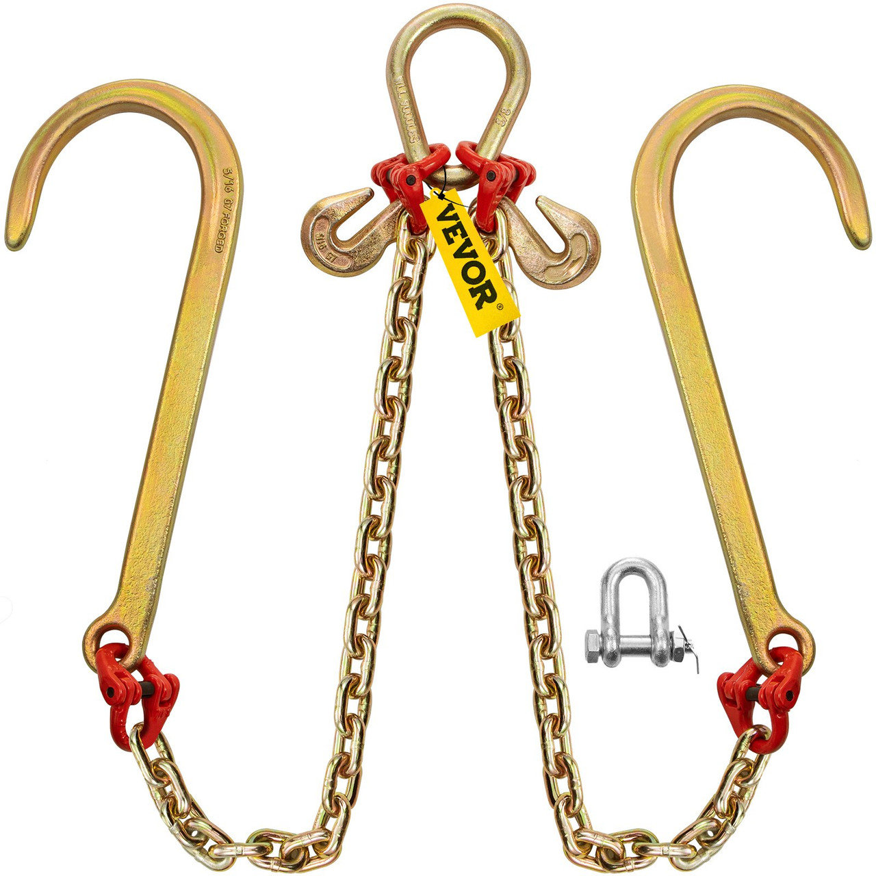 V Bridle Chain, 5/16 in x 2 ft Tow Chain Bridle, Grade 80 V-Bridle Transport Chain, 9260 Lbs Break Strength with j Hooks & Grab Hooks, Heavy Duty Pear Link Connector and Chain Shorteners