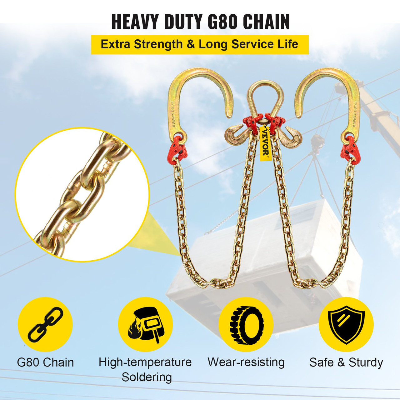 V Bridle Chain, 5/16 in x 3 ft Bridle Tow Chain, Grade 80 V-Bridle Transport Chain, 9260 Lbs Break Strength with J Hooks and Crab Hooks, Heavy Duty Pear Link Connector and Chain Shorteners
