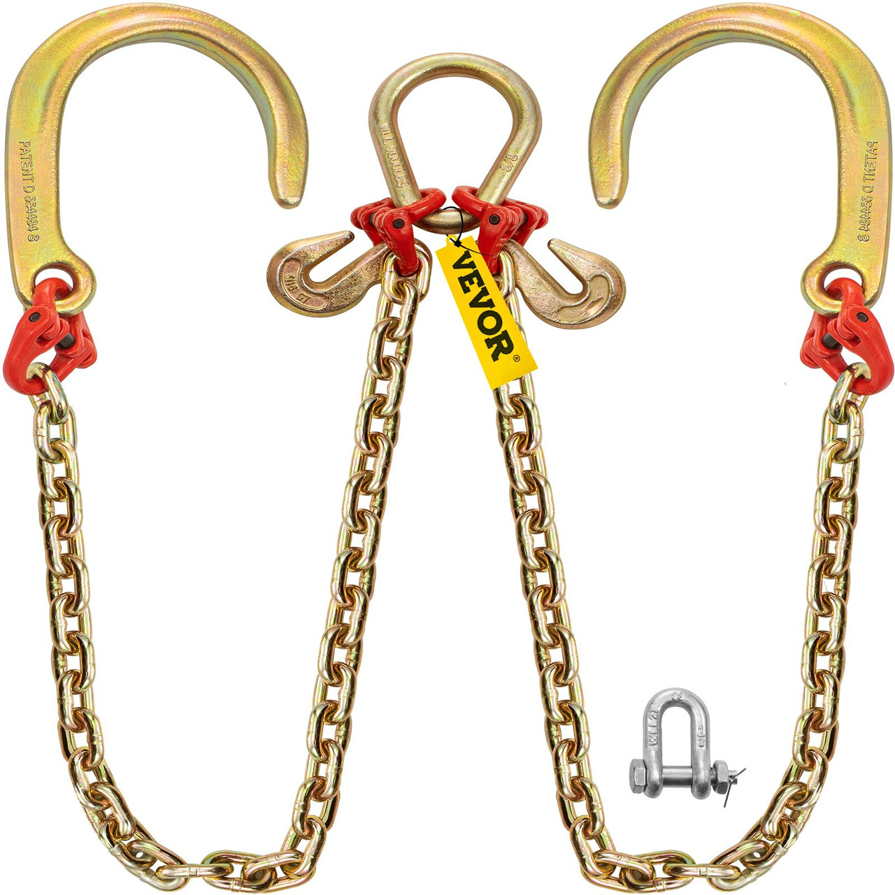 V Bridle Chain, 5/16 in x 3 ft Bridle Tow Chain, Grade 80 V-Bridle Transport Chain, 9260 Lbs Break Strength with J Hooks and Crab Hooks, Heavy Duty Pear Link Connector and Chain Shorteners