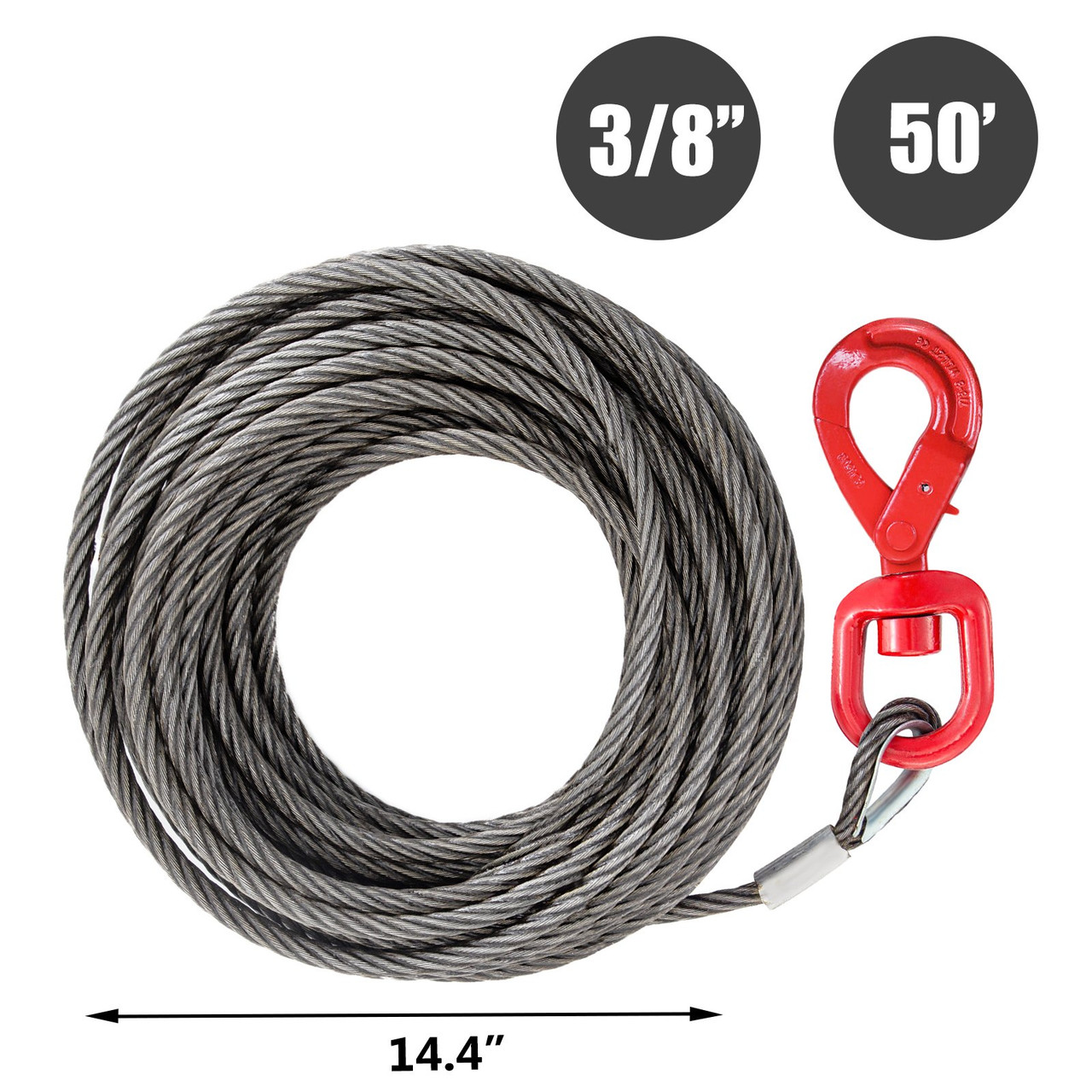 Wire Rope Winch Cable 3/8 x 50' Self-locking Swivel Hook Tow Truck Flatbed