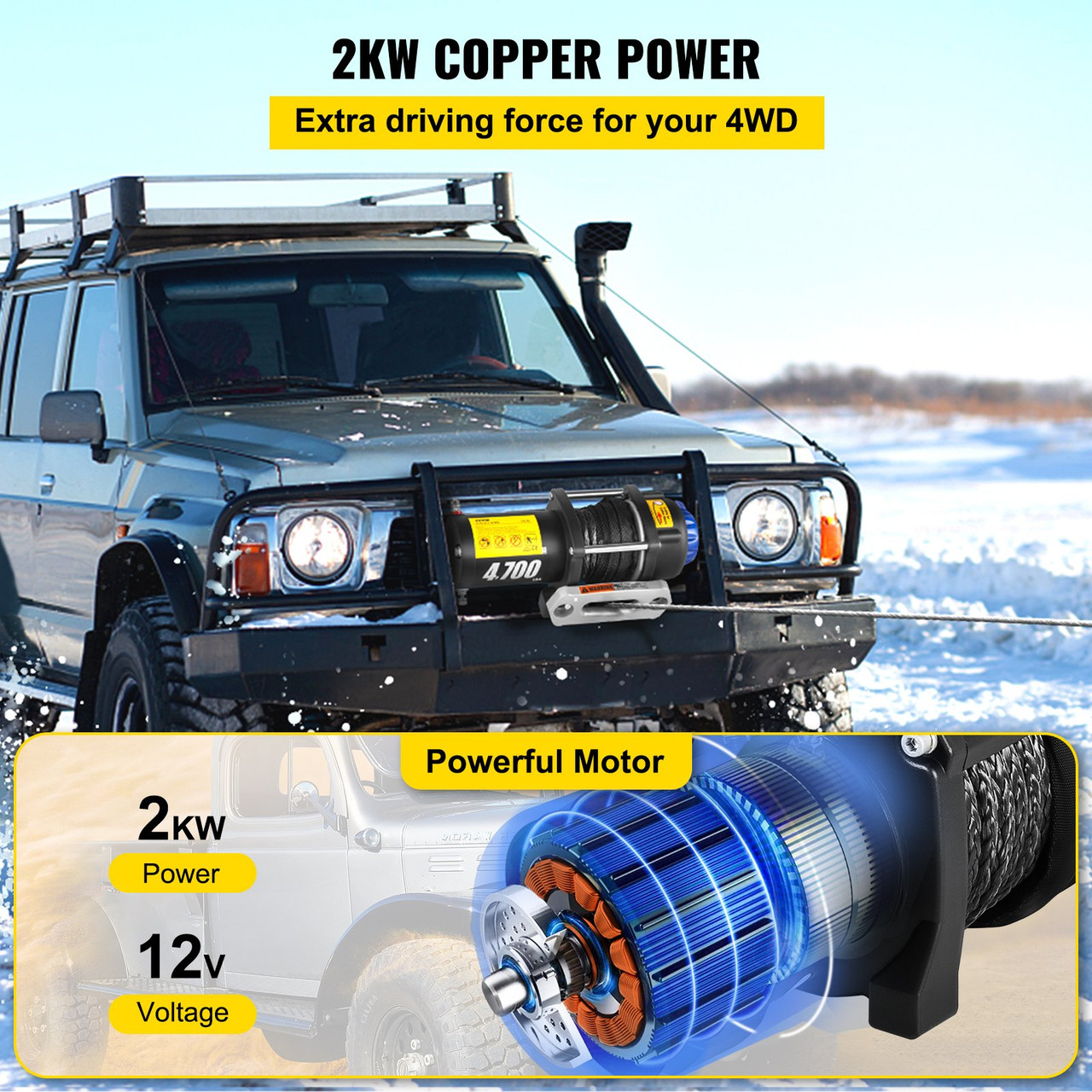 Electric Winch Truck Winch 12V 4700 LBS Synthetic Rope ATV Winch Off Road