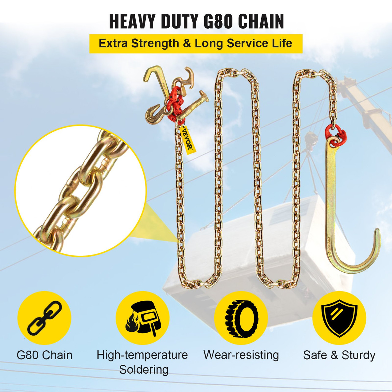 J Hook Chain, 5/16 in x 10 ft Bridle Tow Chain, Grade 80 Bridle Transport Chain, Alloy Steel Chain with 2 J Hooks, 9260 Lbs Break Strength Tow Hooks for Trucks, J Hooks Towing Straps 2PCS