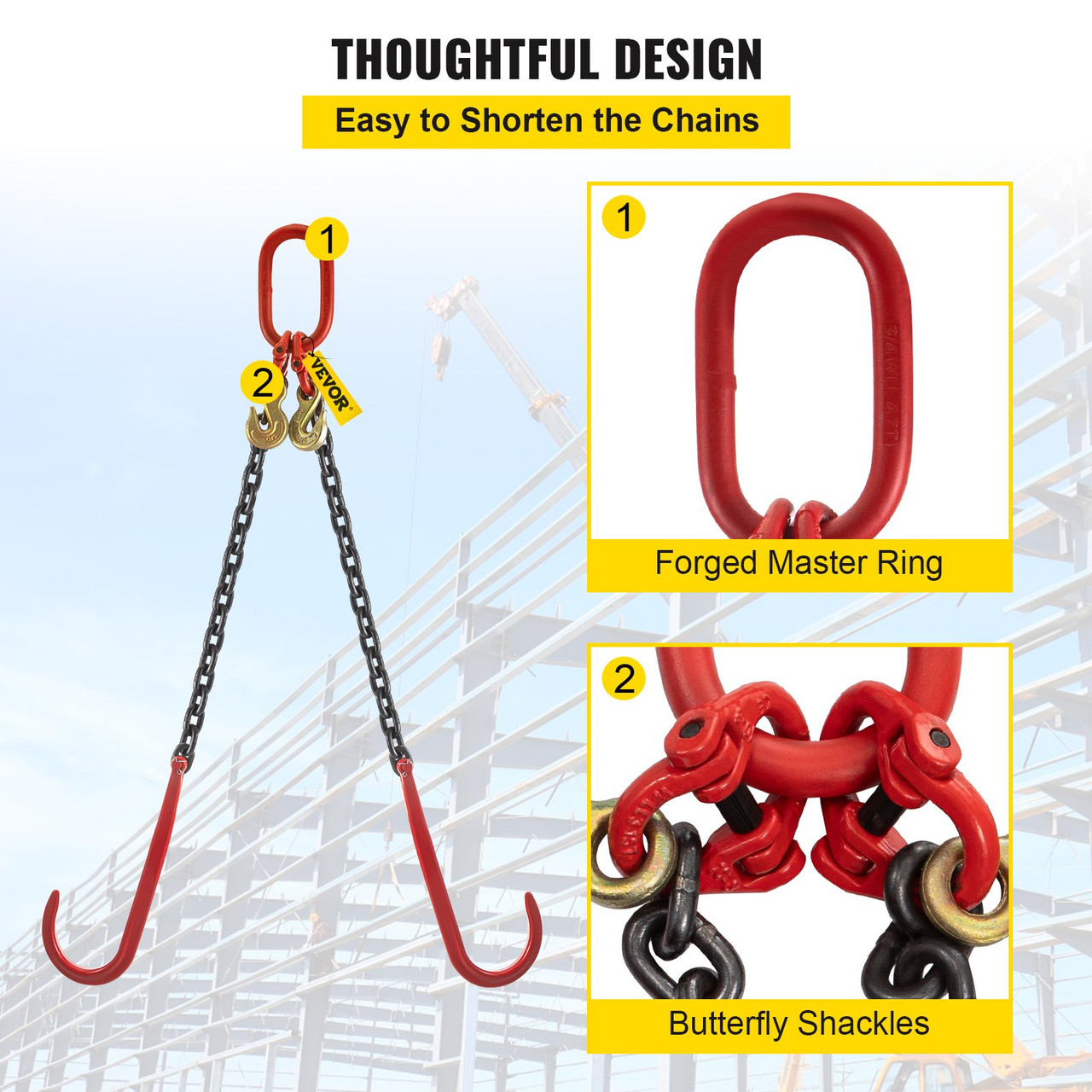 V Bridle Chain, 3/8 in x 2 ft Tow Chain Bridle, Grade 80 V-Bridle Transport Chain, 11023 Lbs Break Strength with J Hooks & Grab Hooks, Heavy Duty Pear Link Connector and Chain Shorteners