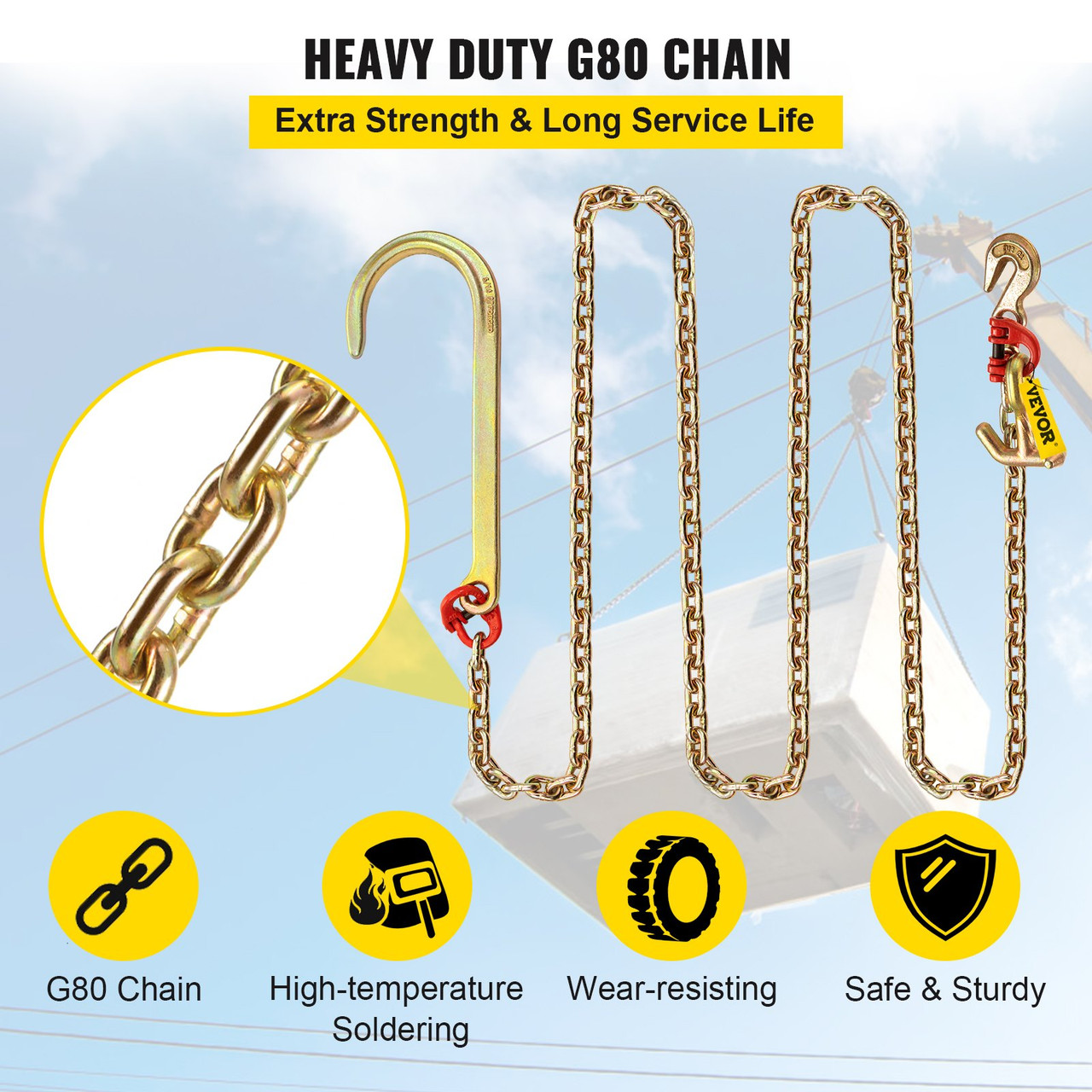 J Hook Chain, 5/16 in x 10 ft Tow Chain Bridle, Grade 80 J Hook Transport Chain, 9260 Lbs Break Strength with JT Hook & Grab Hook, Tow Hooks for Trucks, Heavy Duty J Hook and Chain Shorteners
