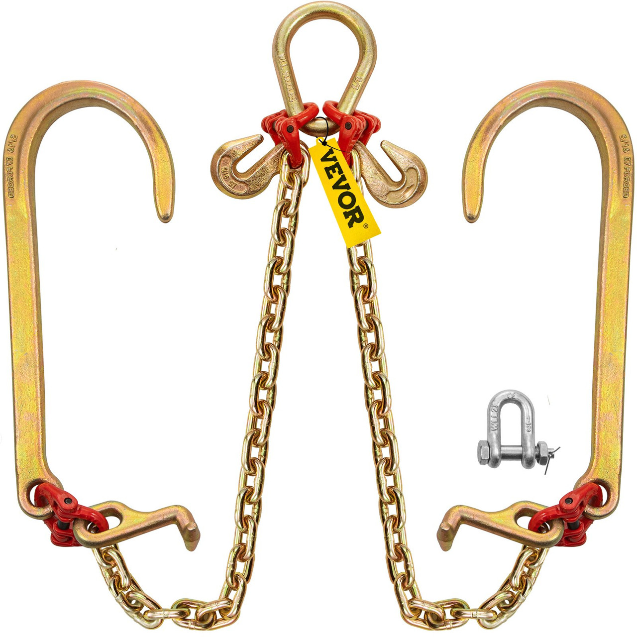 V Bridle Chain, 5/16 in x 2 ft Bridle Tow Chain, Grade 80 V-Bridle Transport Chain, 9260 Lbs Break Strength with TJ Hooks and Crab Hooks, Heavy Duty Pear Link Connector and Chain Shorteners