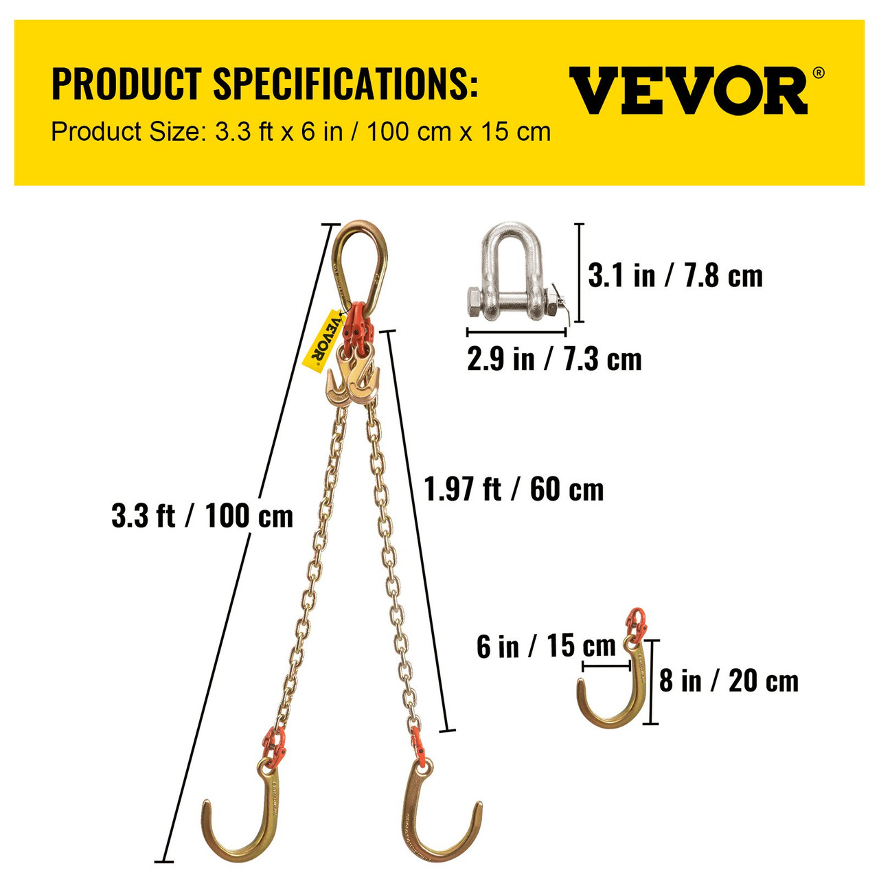 V Bridle Chain, 5/16 in x 2 ft Bridle Tow Chain, Grade 80 V-Bridle Transport Chain, 9260 Lbs Break Strength with TJ Hooks and Crab Hooks, Heavy Duty Pear Link Connector and Chain Shorteners