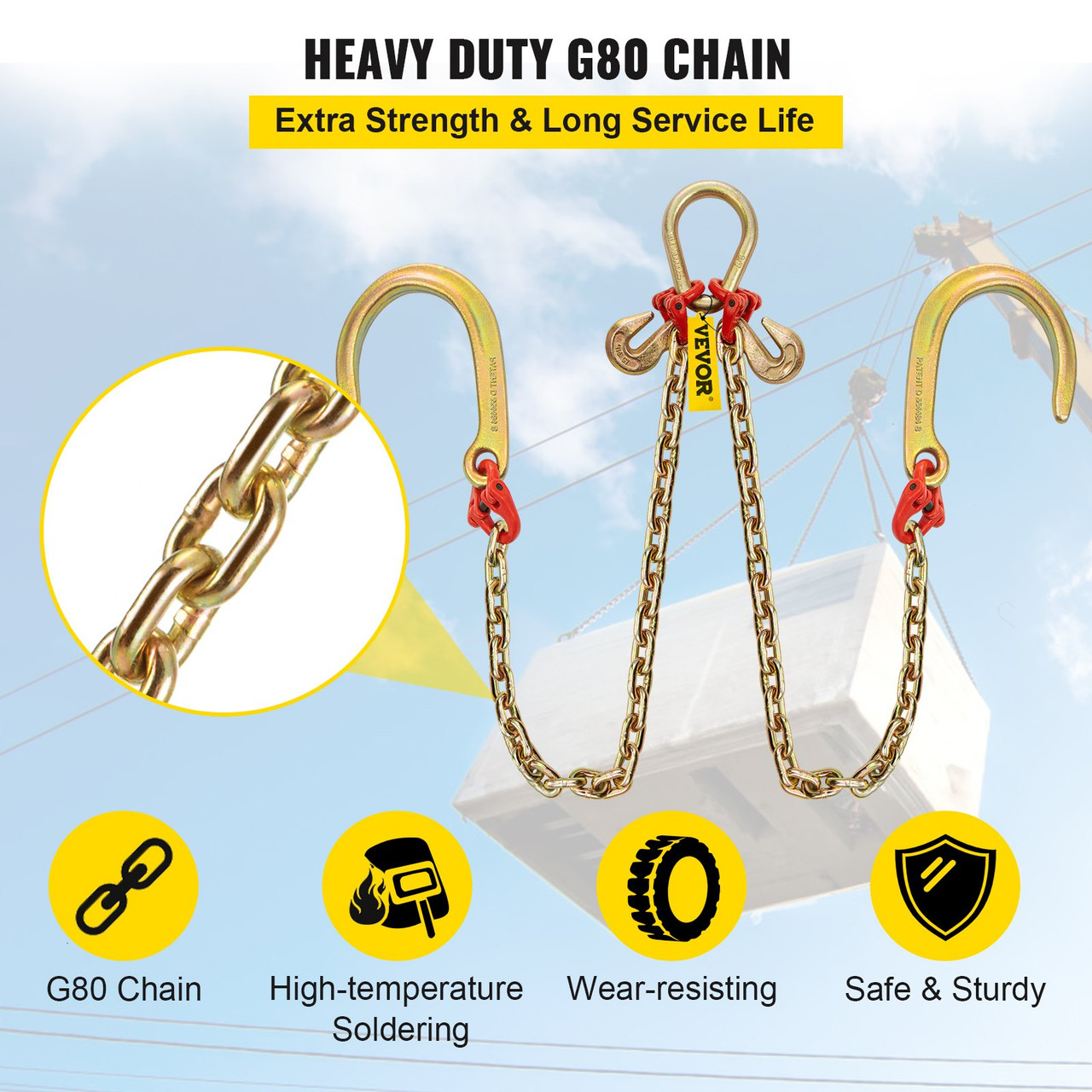 V Bridle Chain, 5/16 in x 2 ft Bridle Tow Chain, Grade 80 V-Bridle Transport Chain, 9260 Lbs Break Strength with TJ Hooks and Crab Hooks, Heavy Duty Pear Link Connector and Chain Shorteners