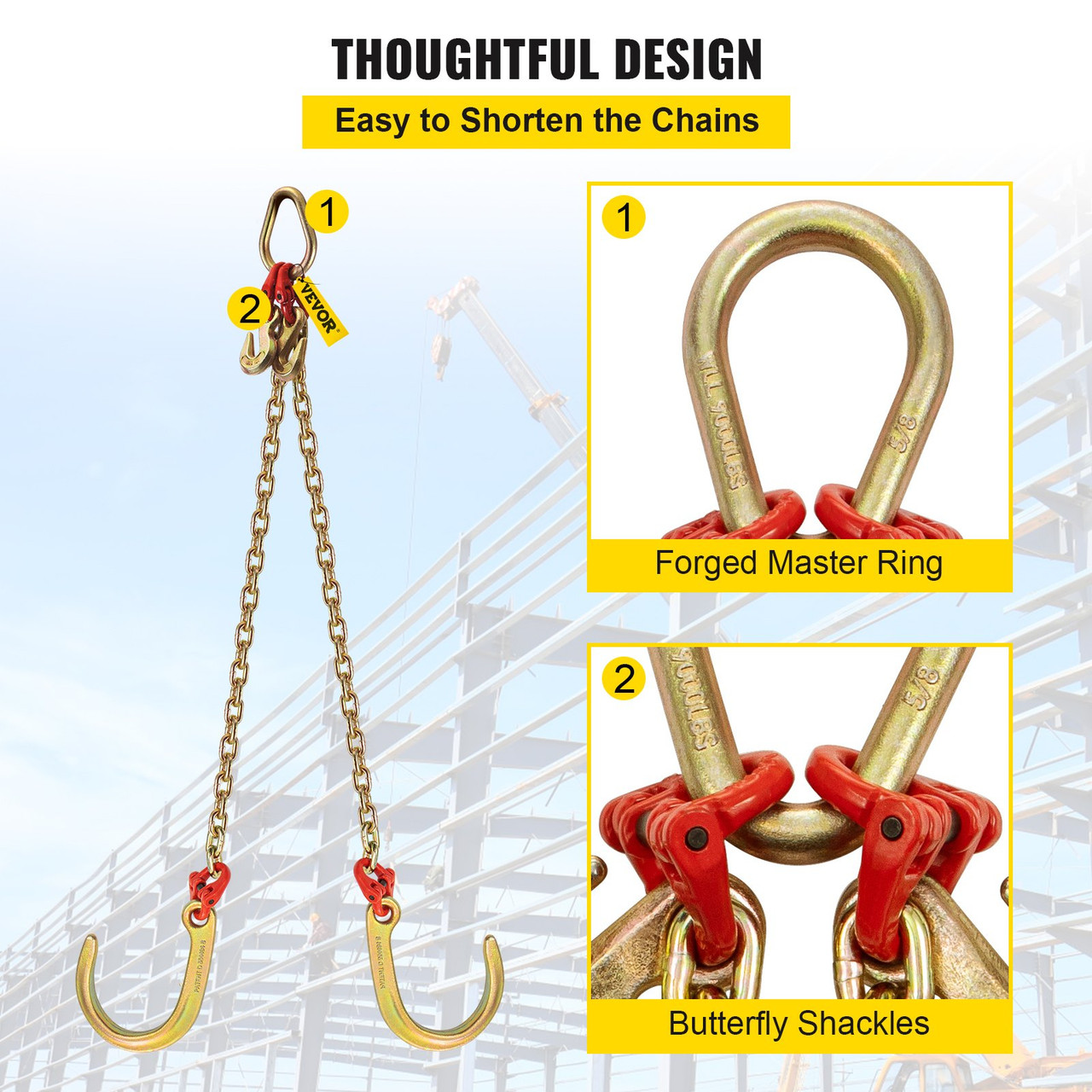 V Bridle Chain, 5/16 in x 2 ft Bridle Tow Chain, Grade 80 V-Bridle Transport Chain, 9260 Lbs Break Strength with TJ Hooks and Crab Hooks, Heavy Duty Pear Link Connector and Chain Shorteners