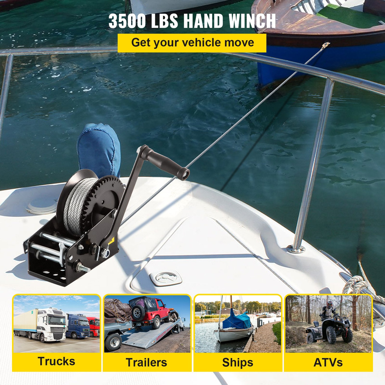 Hand Winch 3500LBS Heavy-duty Hand Crank w/ 33FT Steel Cable for Boat/SUV