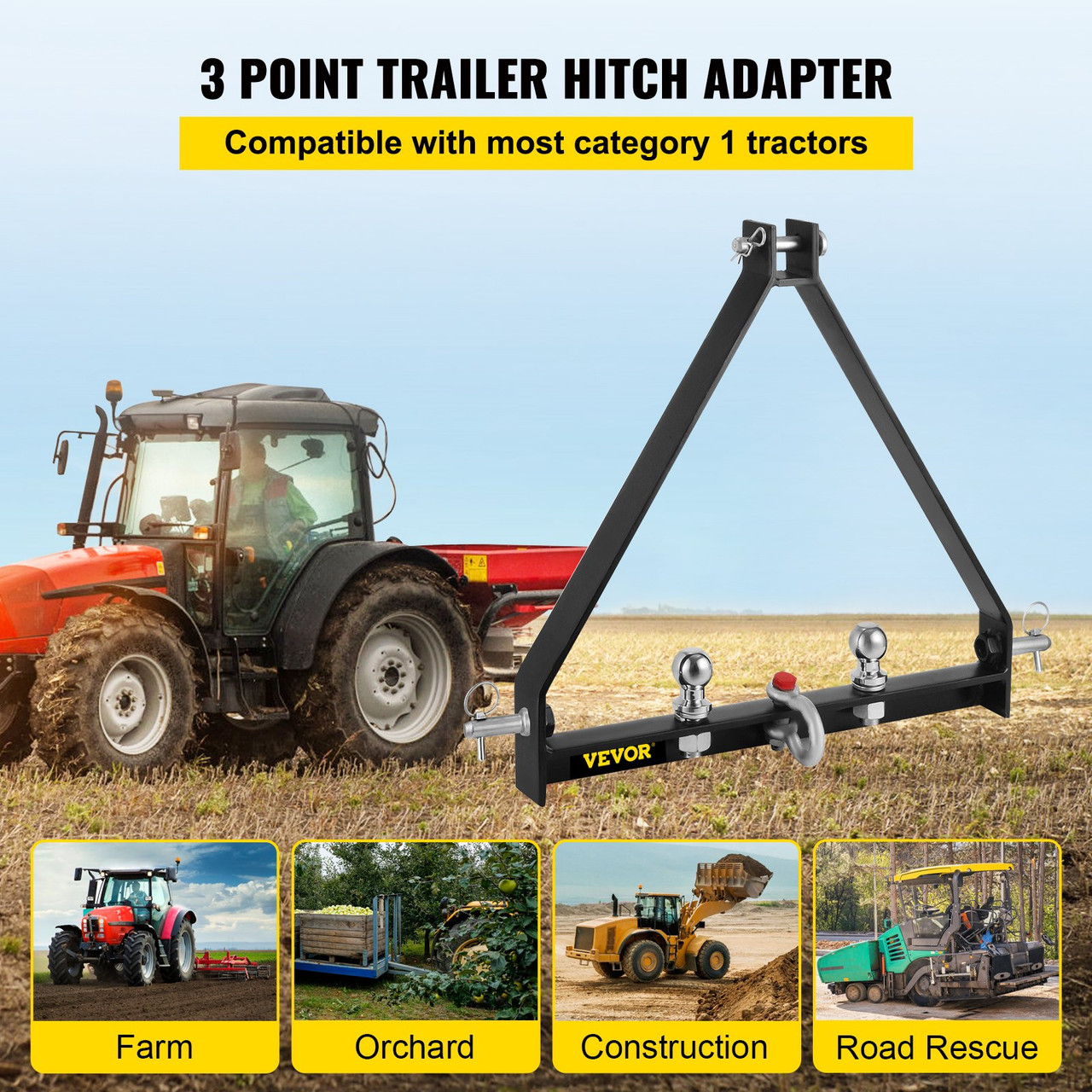 3 Point Trailer Hitch Receiver Orange, Tractor Mover Drawbar Hitch, 2”  Trailer Hitch Farm Equipment and Subcompact Trailer Hitch for Standard  Category