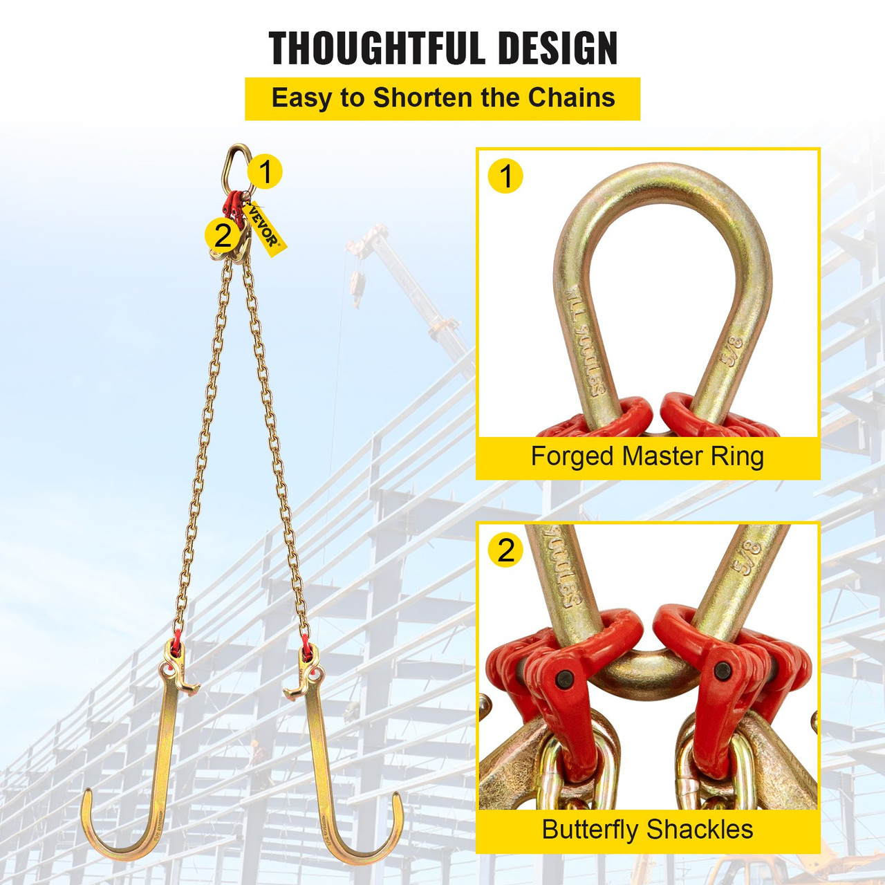 V Bridle Chain, 5/16 in x 3 ft Bridle Tow Chain, Grade 80 V-Bridle Transport Chain, 9260 Lbs Break Strength with TJ Hooks and Crab Hooks, Heavy Duty Pear Link Connector and Chain Shorteners