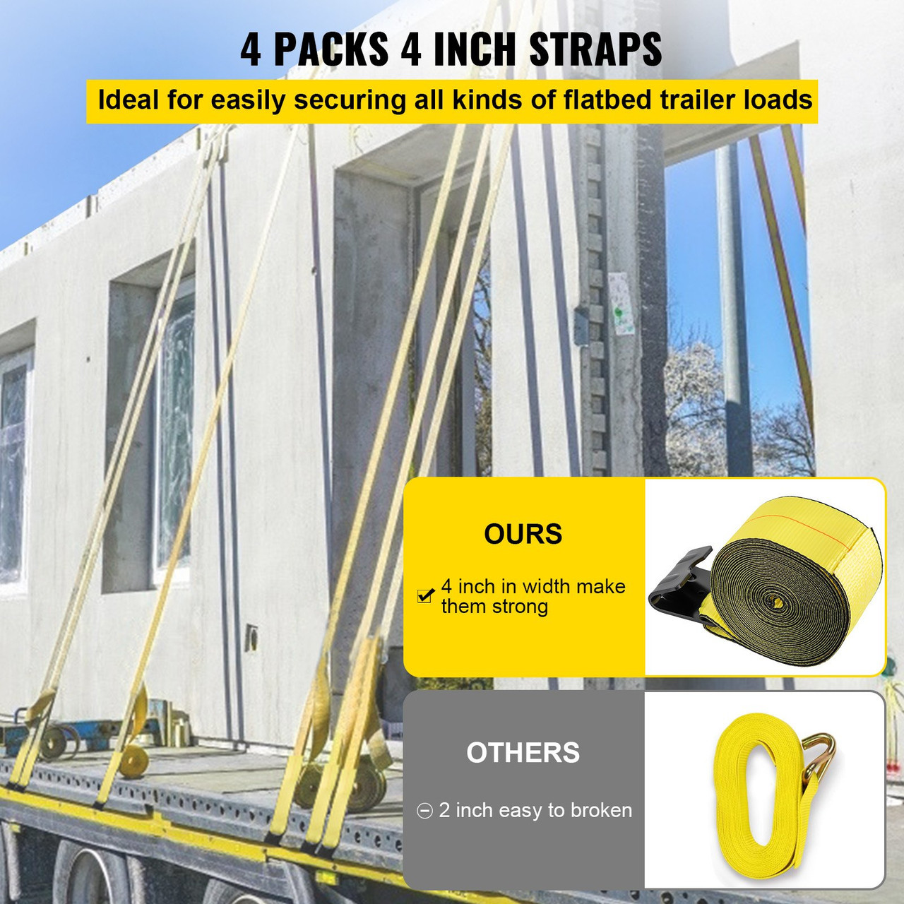 Truck Straps 4"x30' Winch Straps with a Flat Hook Flatbed Tie Downs 15400lbs Load Capacity Flatbed Strap Cargo Control for Flatbeds, Trucks, Trailers, Farms, Rescues, Tree Saver, Yellow(4 Pack)