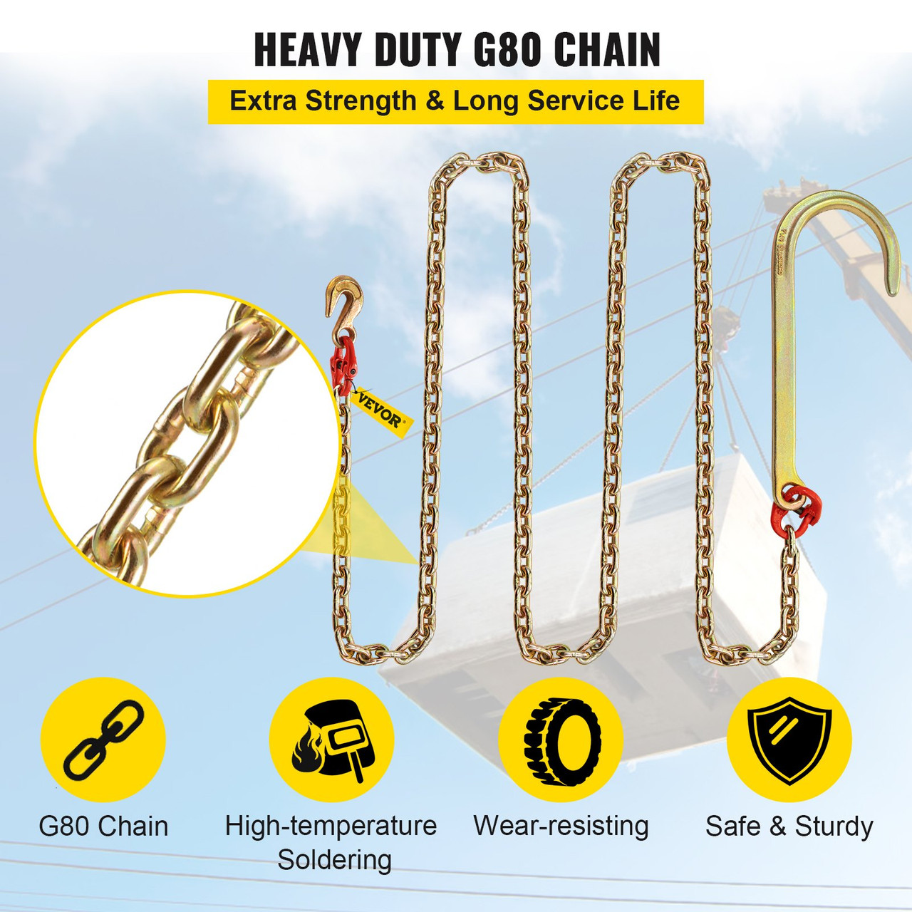 J Hook Chain, 5/16 in x 10 ft Tow Chain Bridle, Grade 80 J Hook Transport Chain, 9260 Lbs Break Strength with J Hook & Grab Hook, Tow Hooks for Trucks, Heavy Duty J Hook and Chain Shorteners
