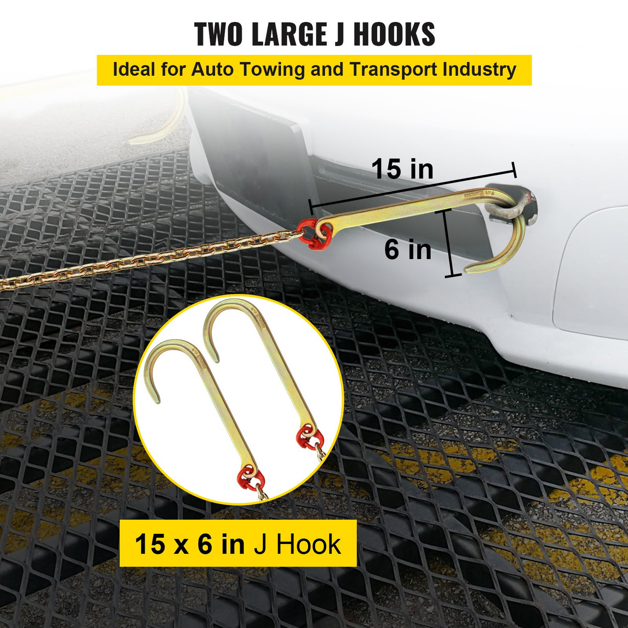 J Hook Chain, 5/16 in x 8 ft Tow Chain Bridle, Grade 80 J Hook Transport Chain, 9260 Lbs Break Strength with RJT Hooks & Grab Hooks, Tow Hooks for Trucks, Heavy Duty J Hook and Chain Shorteners