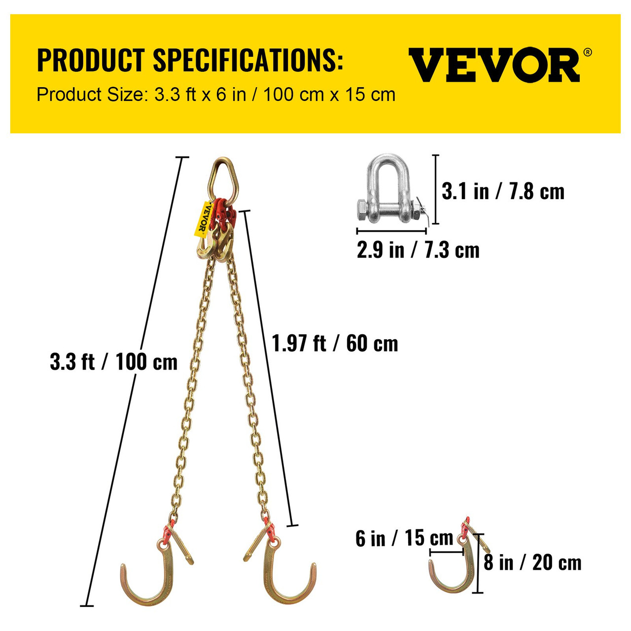 J Hook Chain, 5/16 in x 10 ft Tow Chain Bridle, Grade 80 J Hook Transport  Chain, 9260 Lbs Break Strength with RTJ Hooks & Grab Hooks, Tow Hooks for