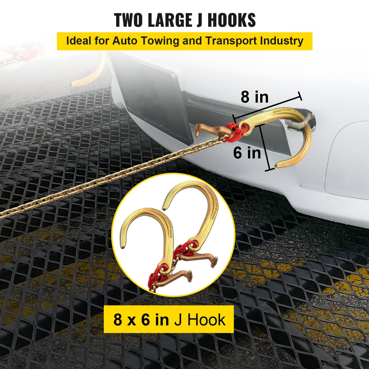 J Hook Chain, 5/16 in x 2 ft Tow Chain Bridle, Grade 80 J Hook Transport Chain, 9260 Lbs Break Strength with JT Hook & Grab Hook, Tow Hooks for Trucks, Heavy Duty J Hook and Chain Shorteners