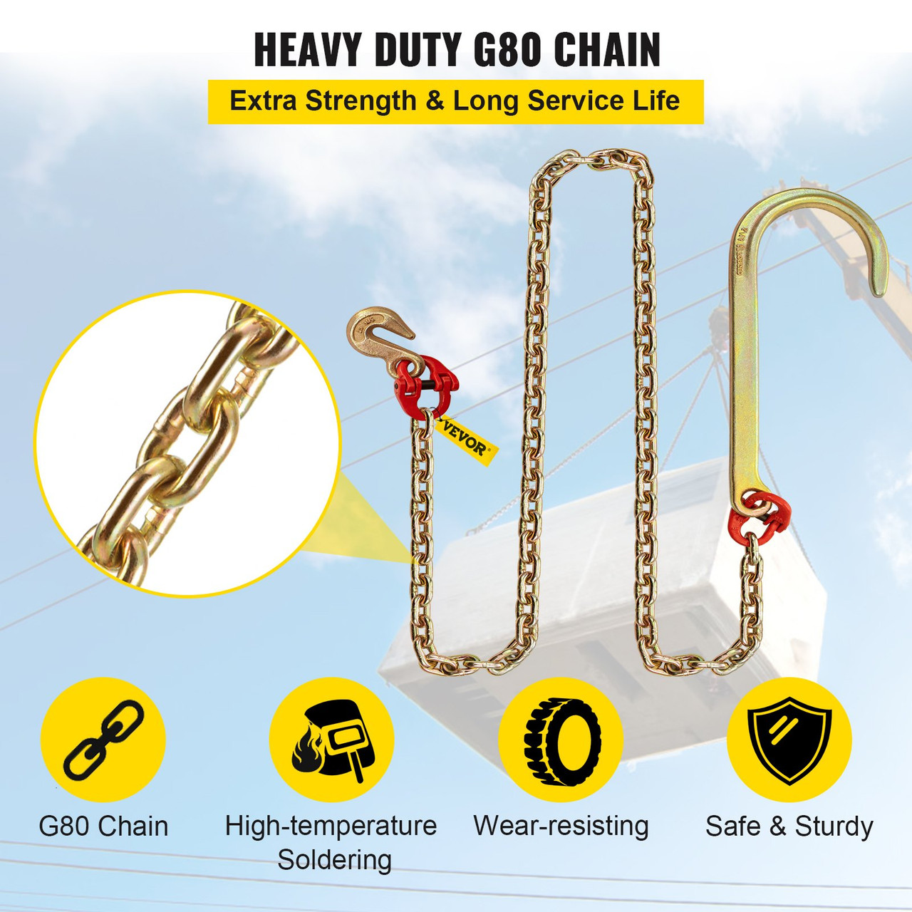 J Hook Chain, 5/16 in x 8 ft Tow Chain Bridle, Grade 80 J Hook Transport Chain, 9260 Lbs Break Strength with J Hook & Grab Hook, Tow Hooks for Trucks, Heavy Duty J Hook and Chain Shorteners