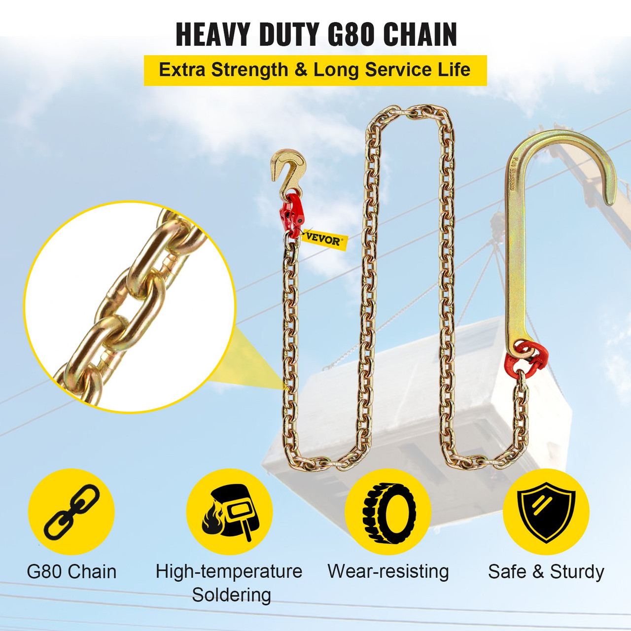 J Hook Chain, 5/16 in x 6 ft Tow Chain Bridle, Grade 80 J Hook Transport Chain, 9260 Lbs Break Strength with j Hook & Grab Hook, Tow Hooks for Trucks, Heavy Duty J Hook and Chain Shorteners