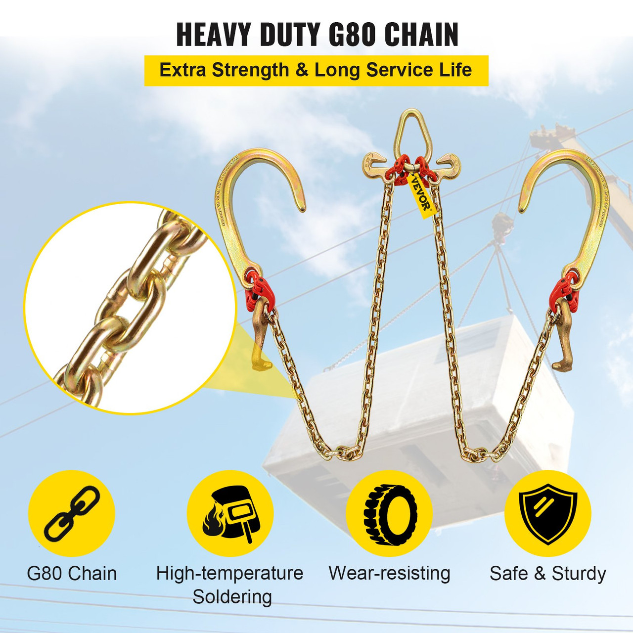 V Bridle Chain, 5/16 in x 2 ft Bridle Tow Chain, Grade 80 V-Bridle Transport Chain, 9260 Lbs Break Strength with j Hooks & Grab Hooks, Heavy Duty Pear Link Connector and Chain Shorteners