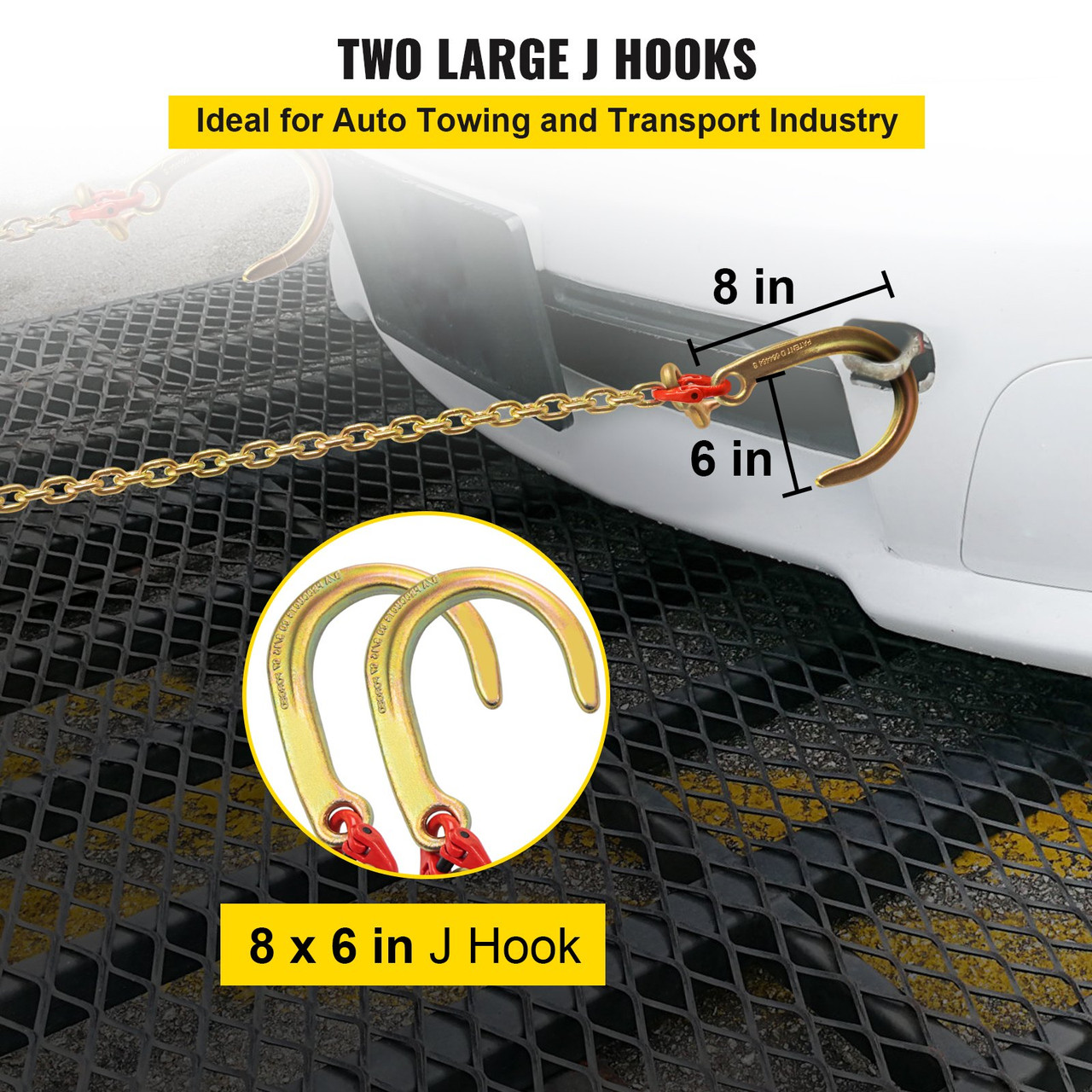 V Bridle Chain, 5/16 in x 2 ft Bridle Tow Chain, Grade 80 V-Bridle Transport Chain, 9260 Lbs Break Strength with j Hooks & Grab Hooks, Heavy Duty Pear Link Connector and Chain Shorteners