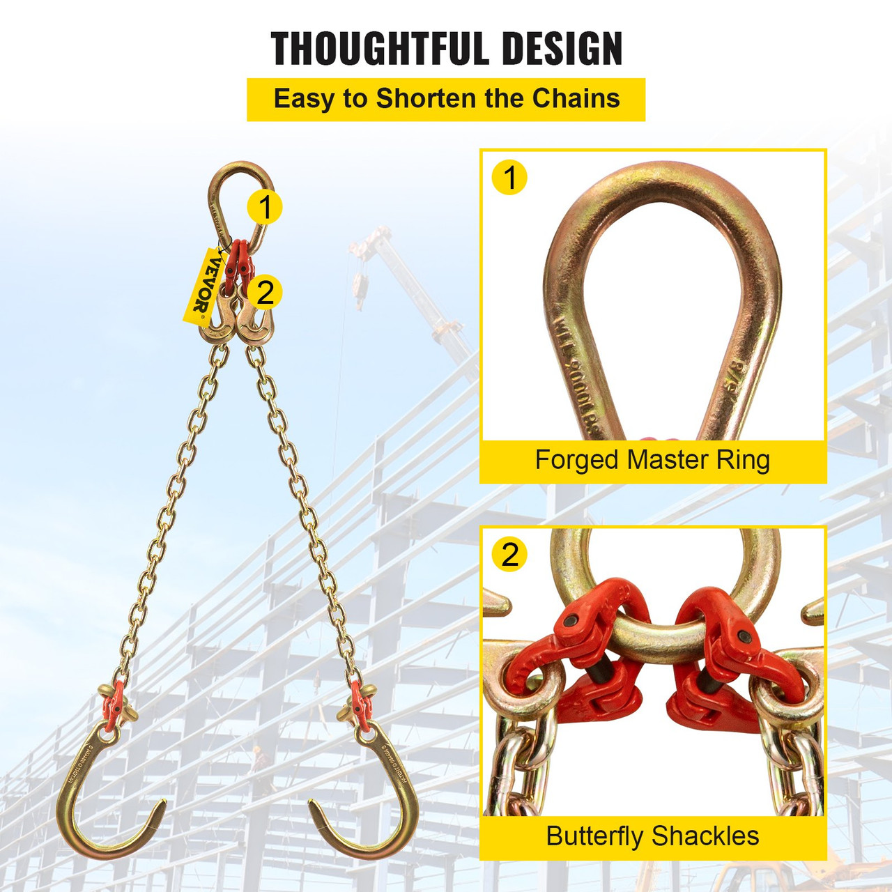 V Bridle Chain, 5/16 in x 2 ft Bridle Tow Chain, Grade 80 V-Bridle Transport Chain, 9260 Lbs Break Strength with j Hooks & Grab Hooks, Heavy Duty Pear Link Connector and Chain Shorteners