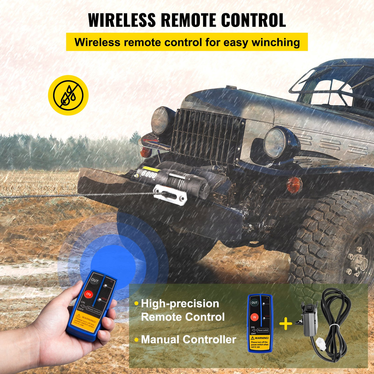 Electric Winch 6000lb Load Capacity Truck Winch Synthetic Rope with Wireless Remote Control, Powerful Motor for ATV UTV Off Road Trailer