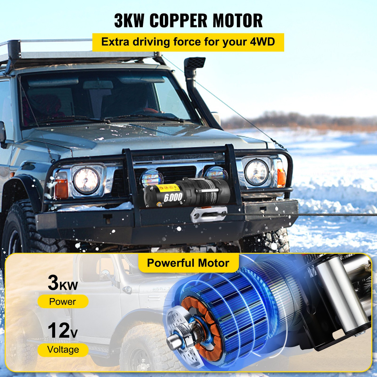 Electric Winch 6000lb Load Capacity Truck Winch Synthetic Rope with Wireless Remote Control, Powerful Motor for ATV UTV Off Road Trailer