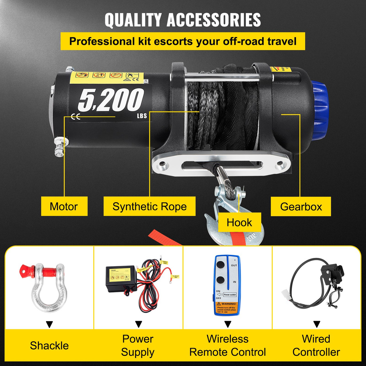 Electric Winch Truck Winch 12V 5200 LBS Synthetic Rope ATV Winch Off Road