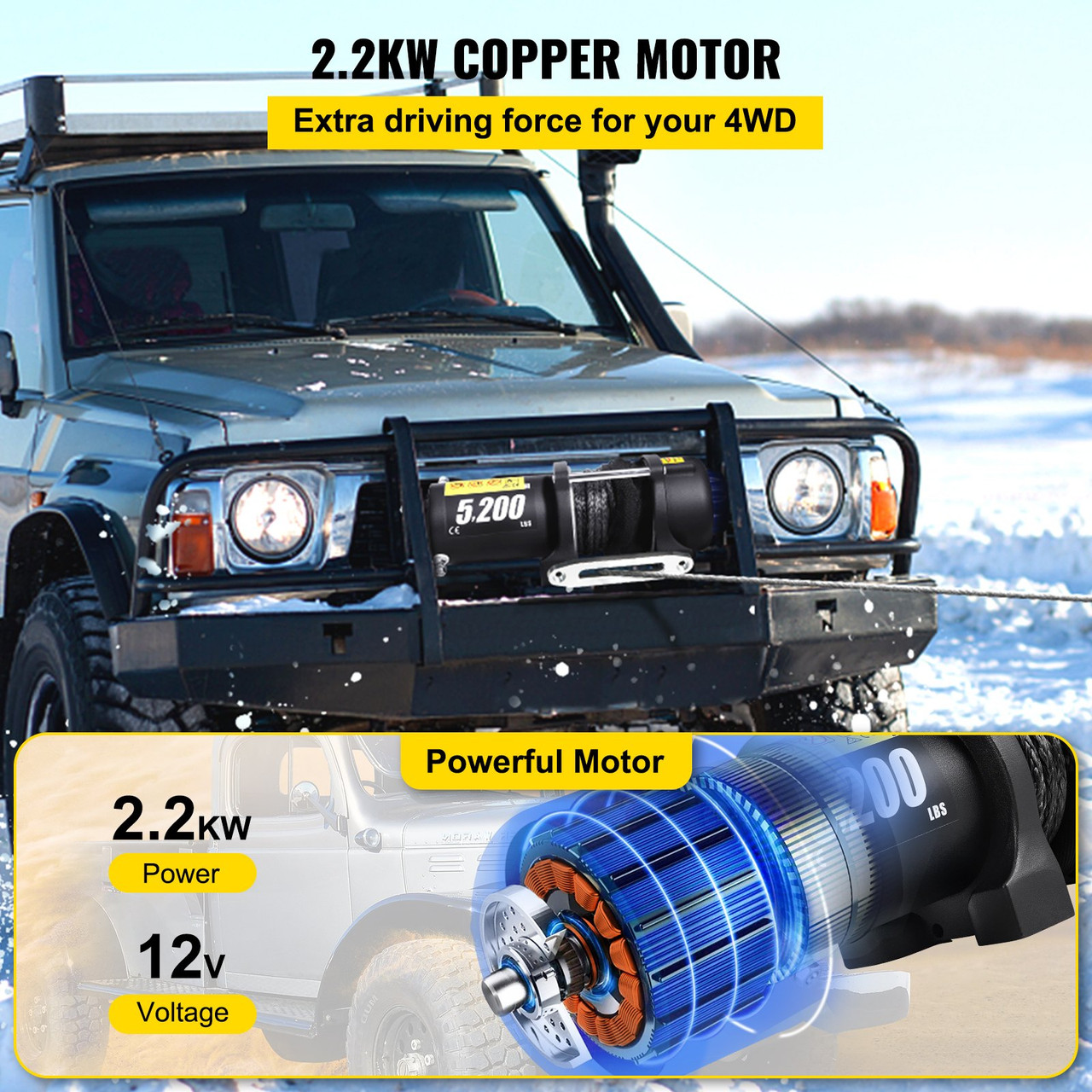 Electric Winch Truck Winch 12V 5200 LBS Synthetic Rope ATV Winch Off Road