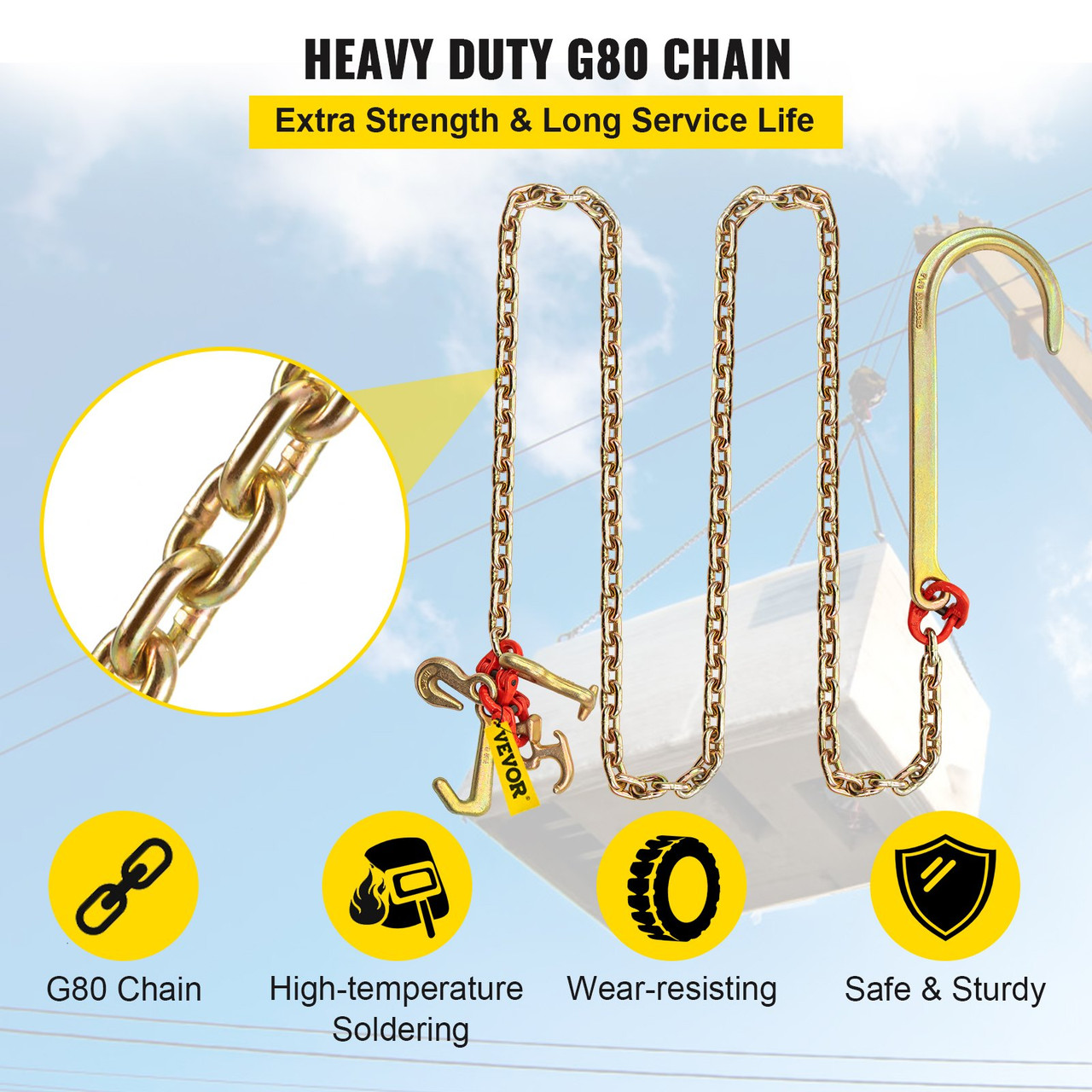 J Hook Chain, 5/16 in x 10 ft Tow Chain Bridle, Grade 80 J Hook Transport Chain, 9260 Lbs Break Strength with RTJ Hooks & Grab Hooks, Tow Hooks for Trucks, J Hooks Towing Straps 4Pcs