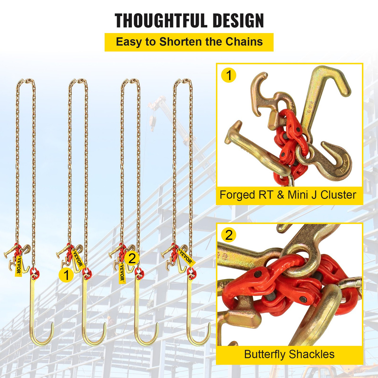 J Hook Chain, 5/16 in x 10 ft Tow Chain Bridle, Grade 80 J Hook Transport Chain, 9260 Lbs Break Strength with RTJ Hooks & Grab Hooks, Tow Hooks for Trucks, J Hooks Towing Straps 4Pcs