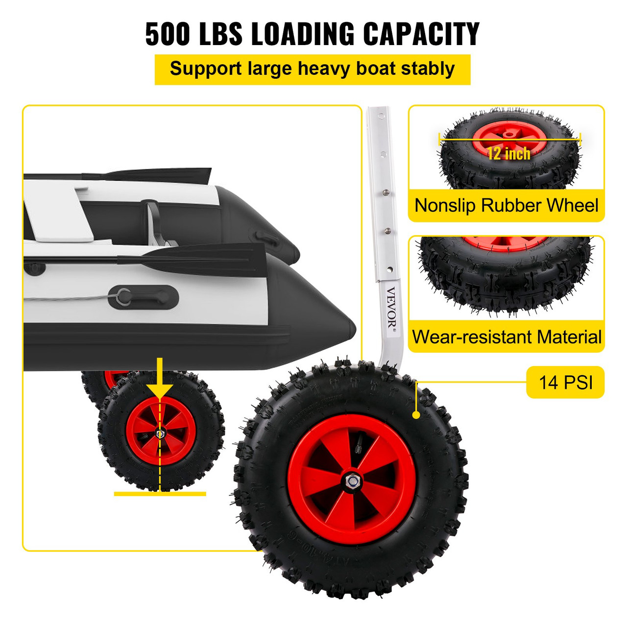 Boat Launching Wheels, 12" Boat Transom Launching Wheel, 500 LBS Loading Capacity Inflatable Boat Launch Wheels, Aluminium Alloy Transom Launching Dolly Wheels with 4 PCS of Quick Release Pins