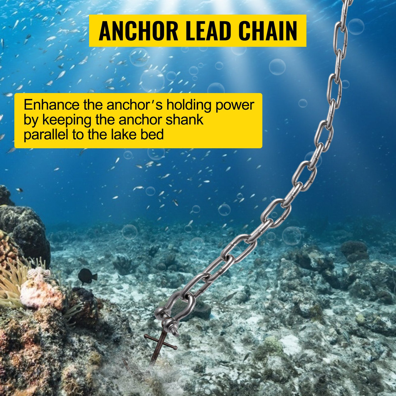Anchor Chain, 6' x 1/4" 316 Stainless Steel Chain, 3/8" Anchor Chain Shackle, 4000 lbs Anchor Lead Chain Breaking Load, 9460 lbs Anchor Chain Shackle Breaking Load, Anchor Chain for Small Boats