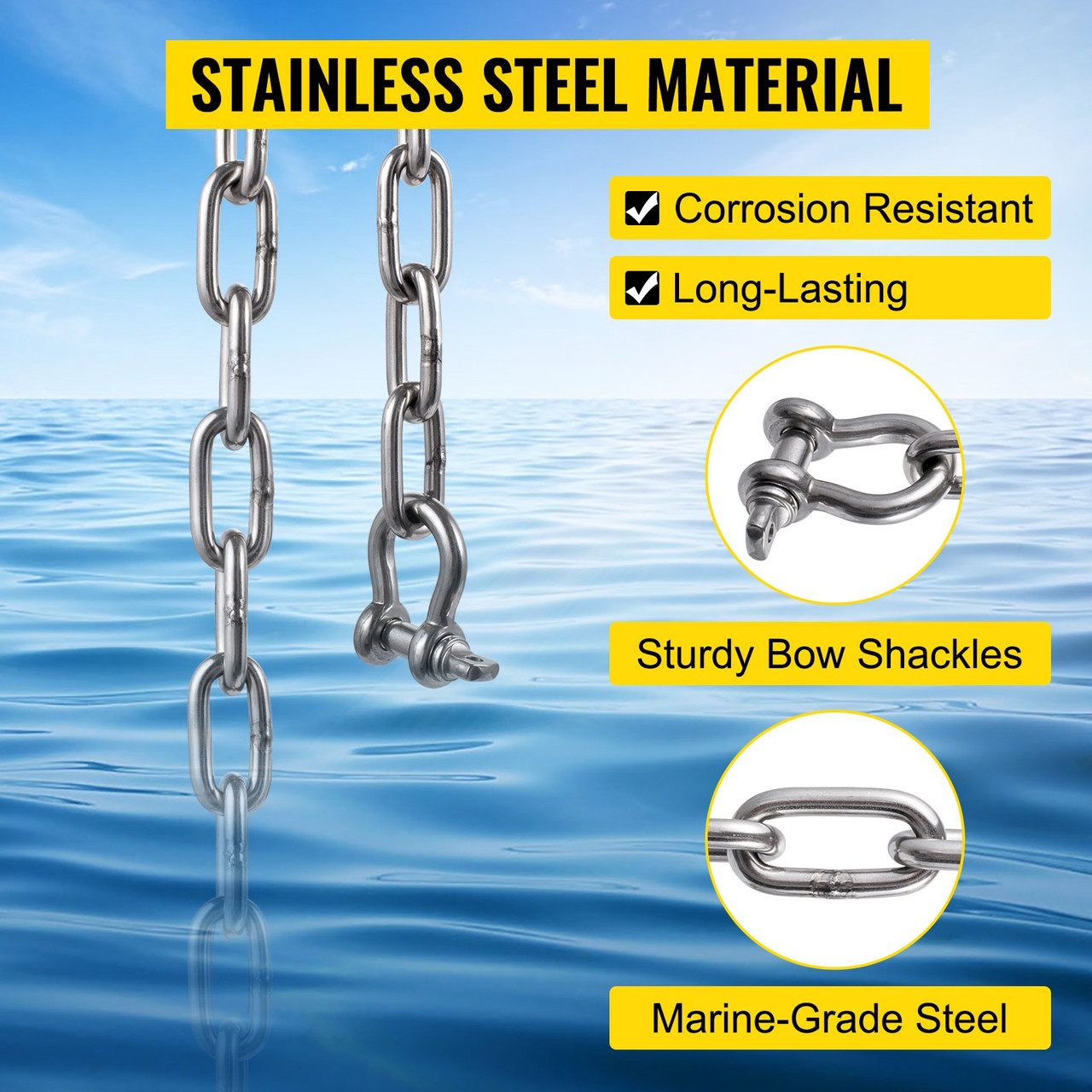 Anchor Chain, 6' x 1/4" 316 Stainless Steel Chain, 3/8" Anchor Chain Shackle, 4000 lbs Anchor Lead Chain Breaking Load, 9460 lbs Anchor Chain Shackle Breaking Load, Anchor Chain for Small Boats