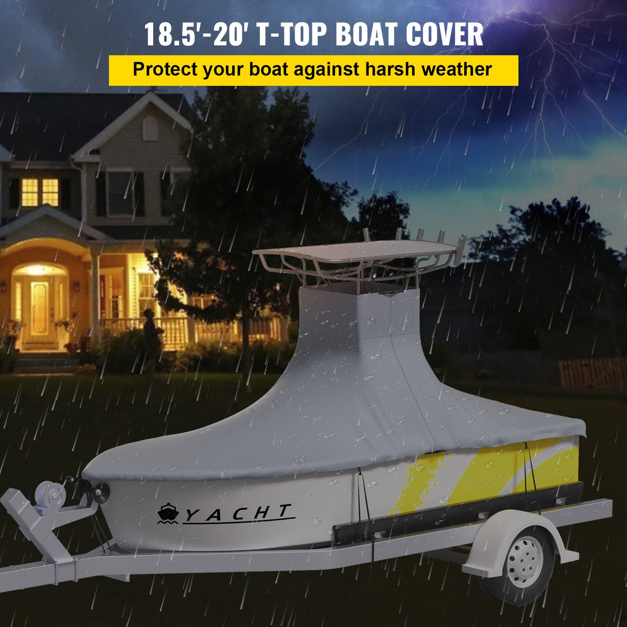 T-Top Boat Cover, Fit for 18.5'-20' Boat, Heavy Duty 600D Marine Grade Oxford Hard Top Cover, UV Resistant Waterproof Center Console Boat Cover w/ 2 Support Poles and 5 Wind-proof Straps, Gray