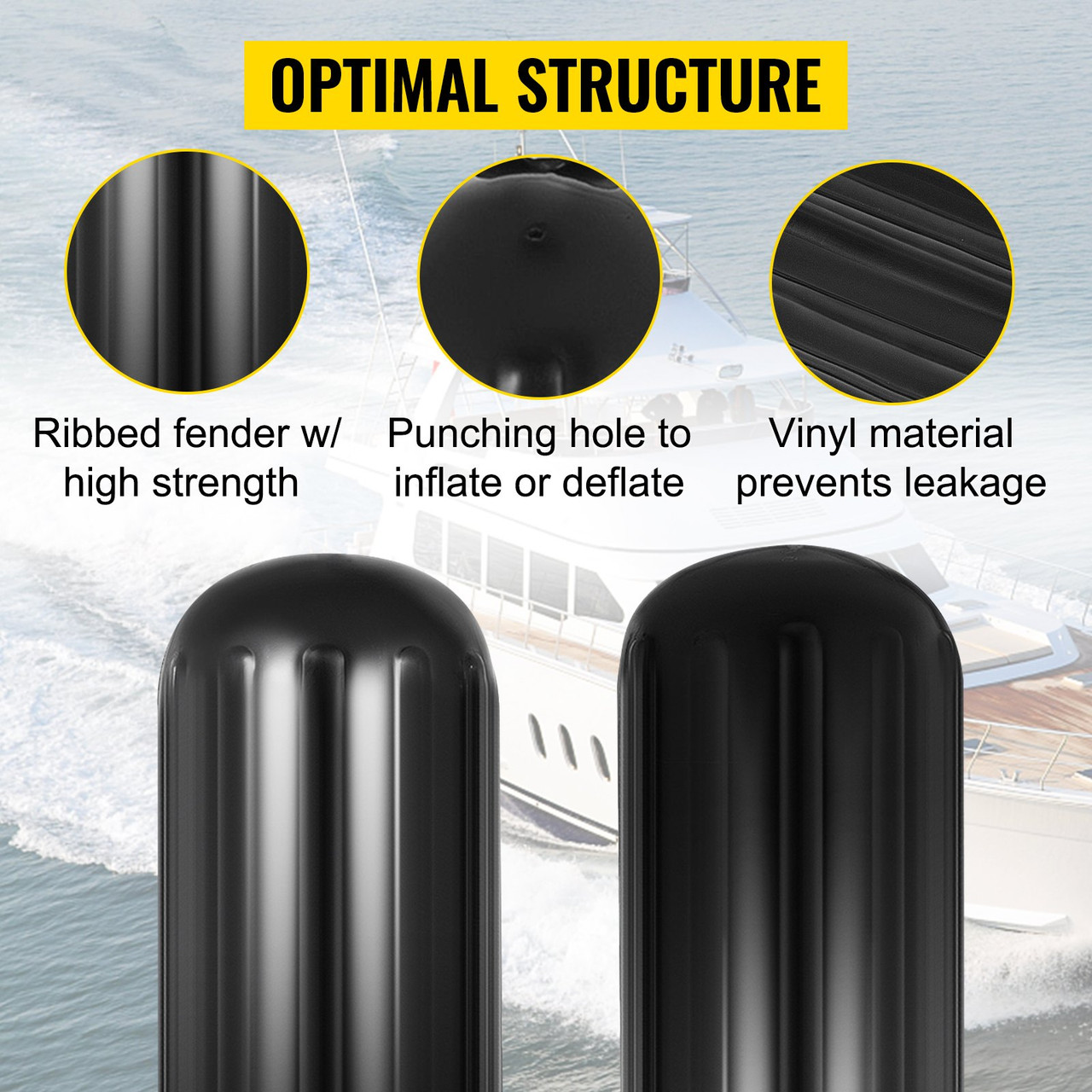 4 New Ribbed Boat Fenders 10" X 28" Black Center Hole Bumpers Mooring Protection