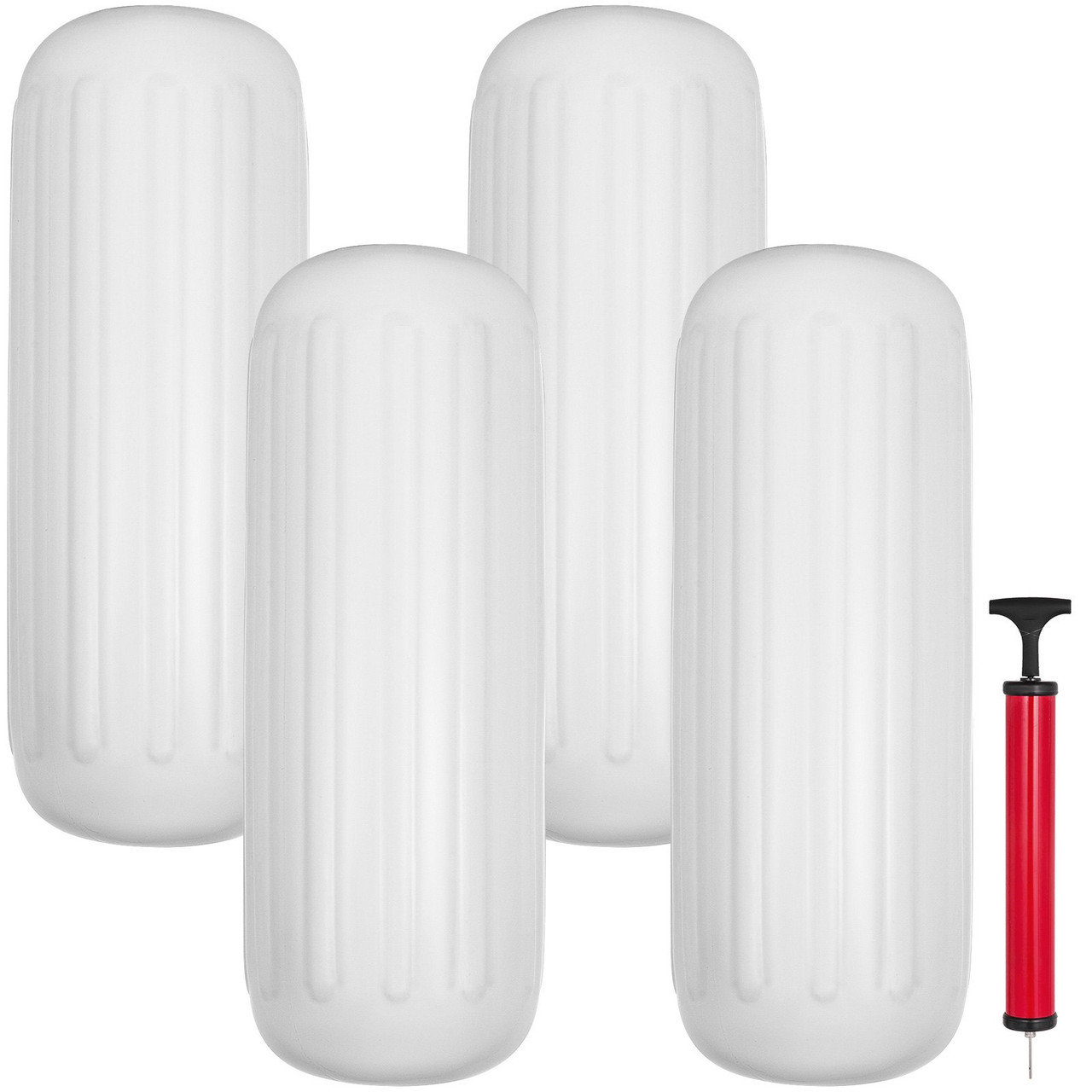 4 NEW RIBBED BOAT FENDERS 10" x 28" WHITE CENTER HOLE BUMPERS MOORING PROTECTION
