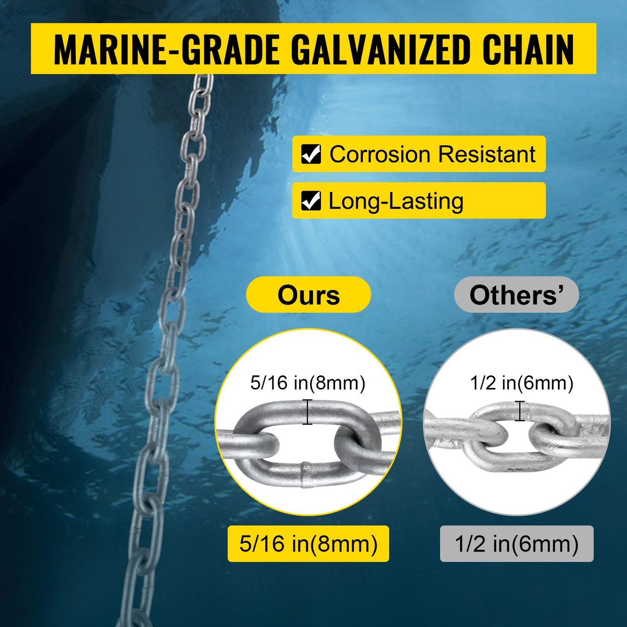 Boat Anchor Chain 15' x 5/16" Galvanized Chain 1/2" x 200' Nylon Rope
