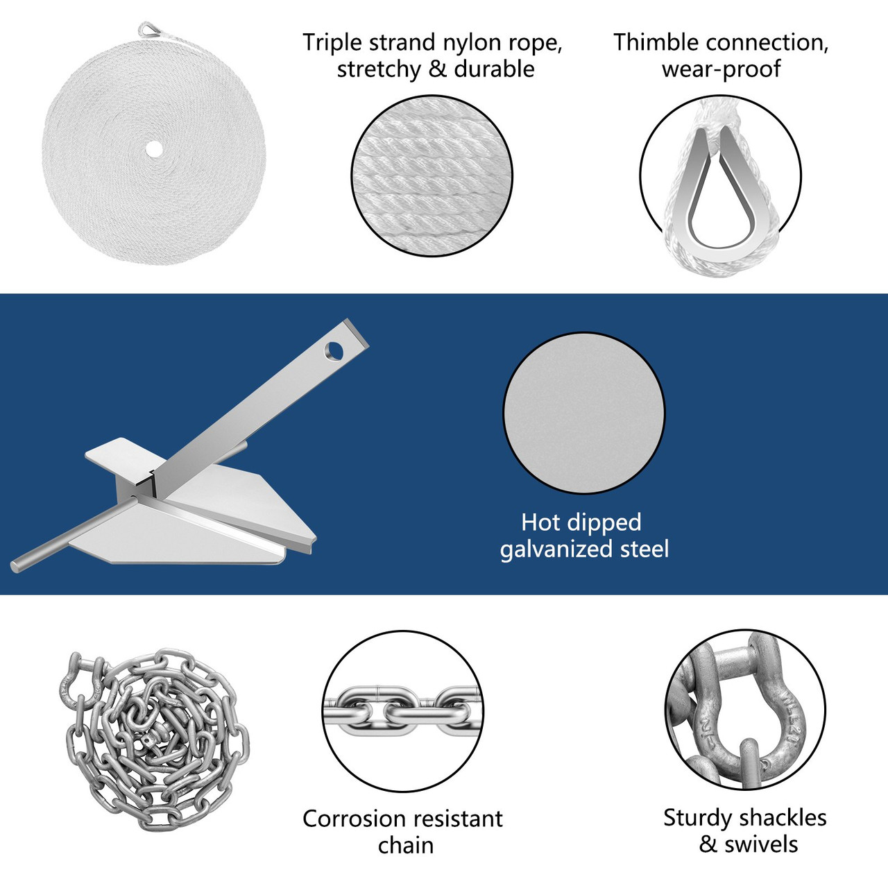Boat Anchor Kit 13 lb Fluke Style Anchor, Hot Dipped Galvanized Steel Fluke Anchor, Marine Anchor with Anchor, Rope, Shackles, Chain for Boat Mooring on The Beach, Boats from 20'-32'