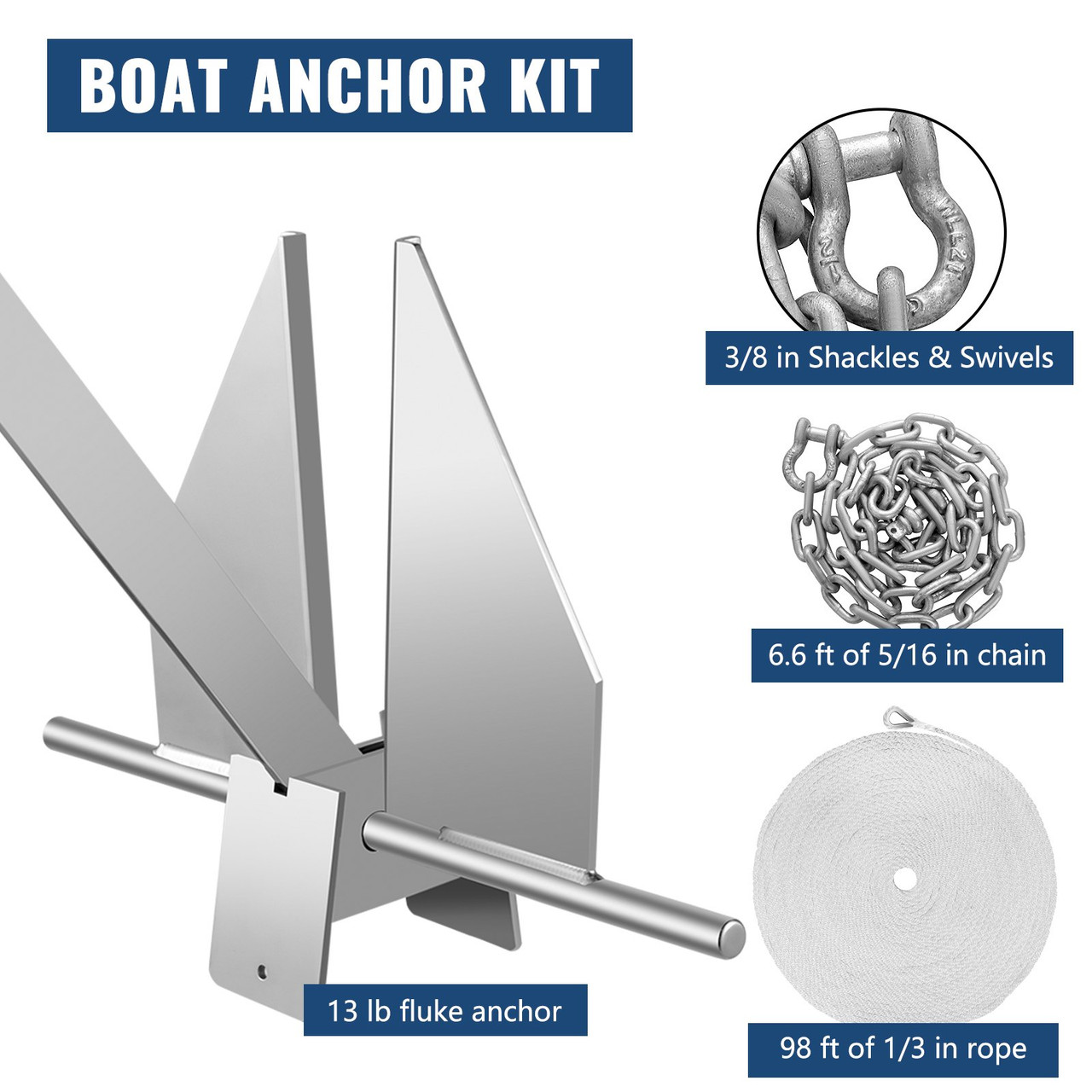 Boat Anchor Kit 13 lb Fluke Style Anchor, Hot Dipped Galvanized