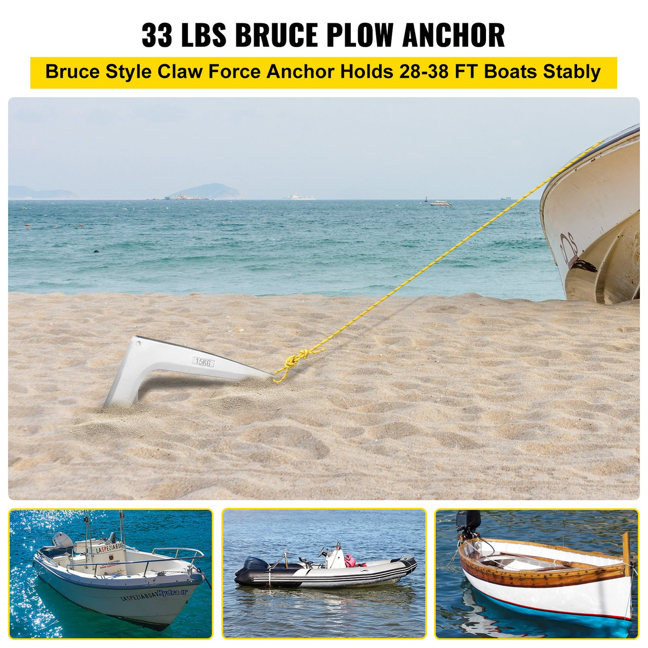 Bruce Claw Anchor 33 lb Boat Anchor, Galvanized Steel Boat Anchor, 15 kg Marine Anchor with One Anchor Shackle, Heavy Duty Boat Anchor for 28'-38' Boat Yacht Mooring on The Beach