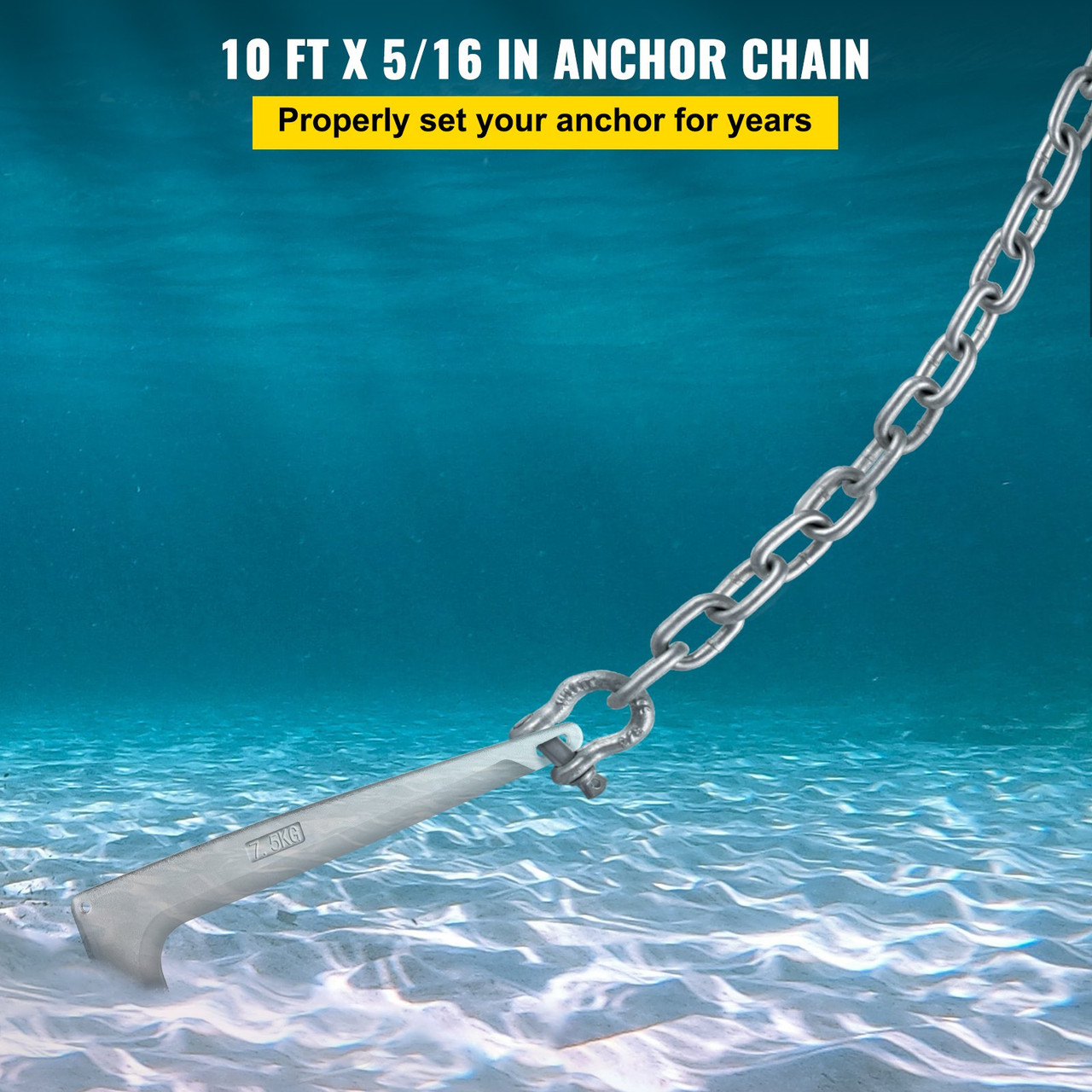 Anchor Chain, 10' x 5/16 Galvanized Steel Chain, 3/8 Anchor