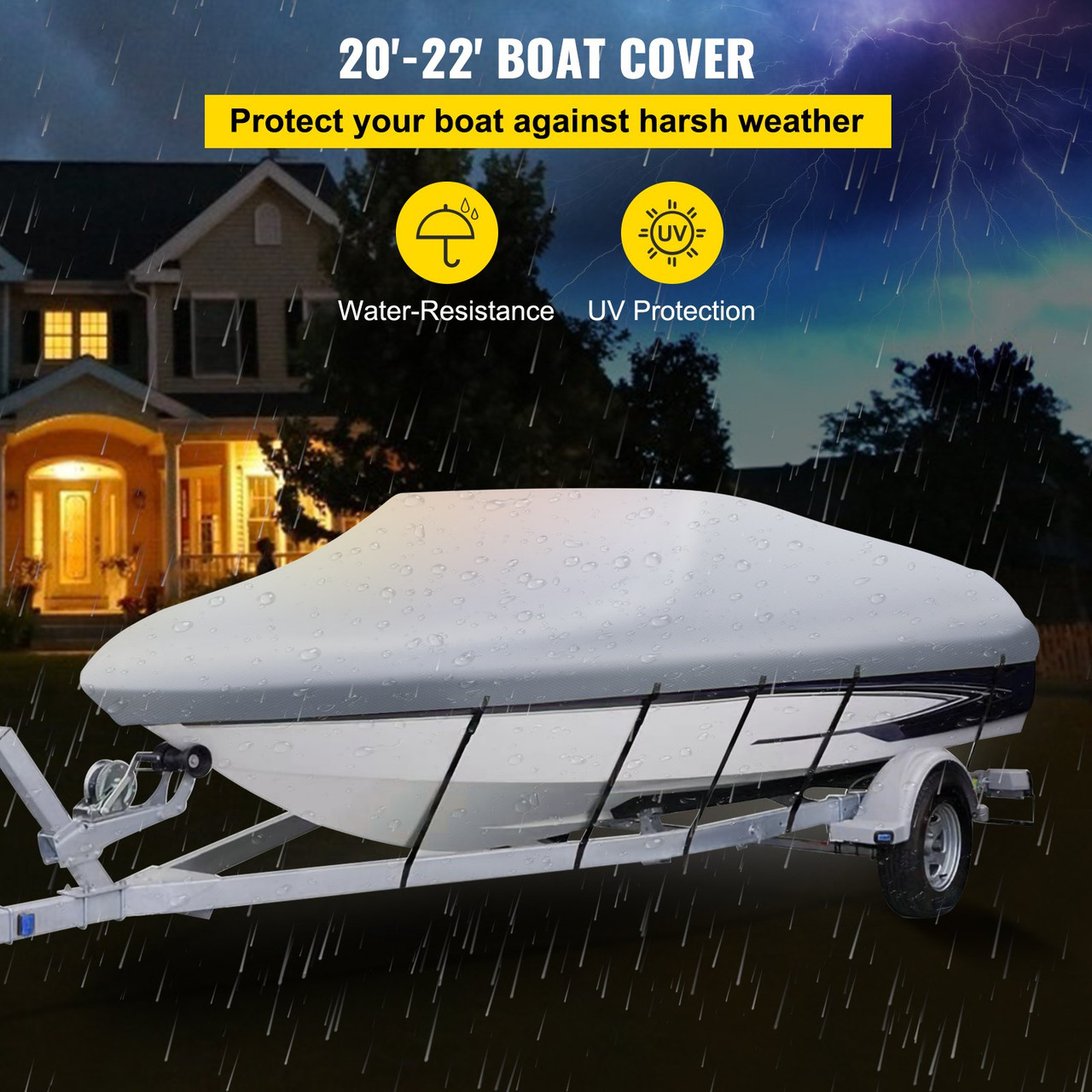 Waterproof Boat Cover, 20'-22' Trailerable Boat Cover, Beam Width up to 106" v Hull Cover Heavy Duty 600D Marine Grade Polyester Mooring Cover for Fits V-Hull Boat with 5 Tightening Straps