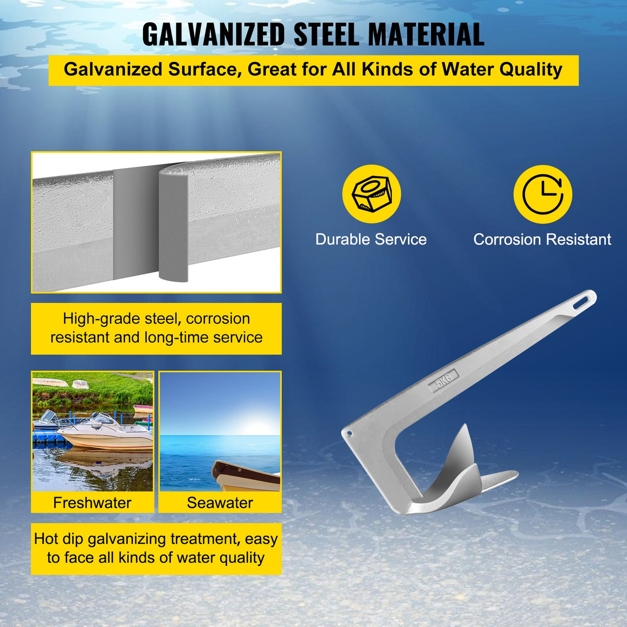 Bruce Claw Anchor 11 lb Boat Anchor, Galvanized Steel Boat Anchor, 5 kg Marine Anchor with One Anchor Shackle, Heavy Duty Boat Anchor for Small Boat Yacht Mooring on The Beach